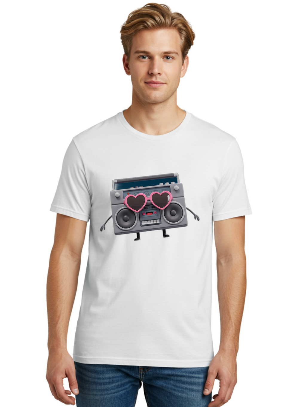 Boombox-Character-1 Men'S Graphic Tee, 100% Cotton, Comfortable Casual Summer Wear, Machine Washable, Cartoon Boombox, Retro Audio Equipment, Heart-Shaped Sunglasses, Funky Character Design, Anthropomorphic Boombox, Nostalgic Music Player, Baa188