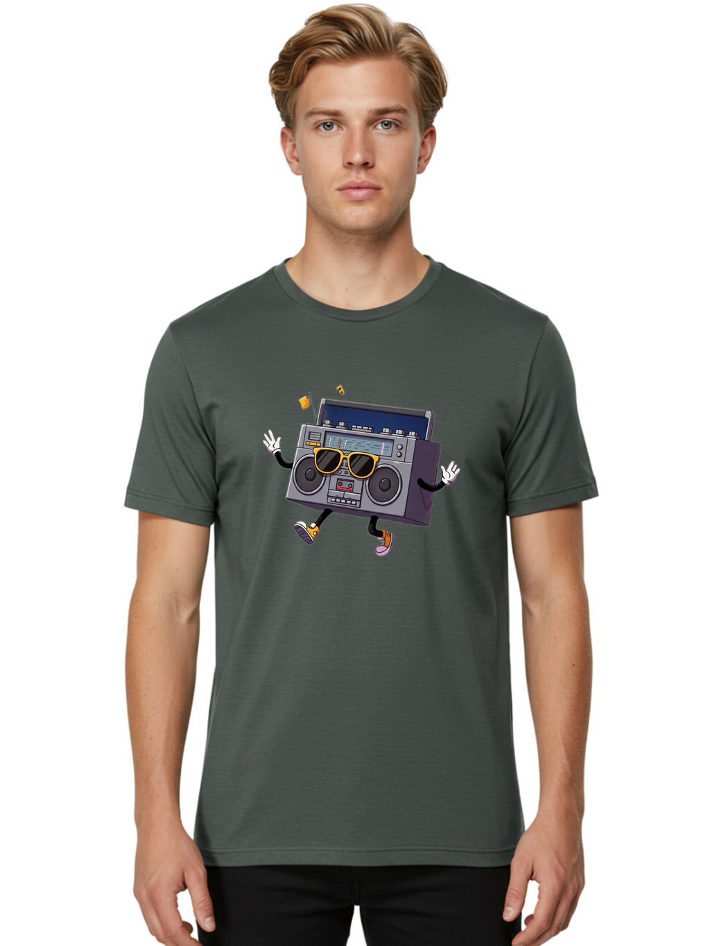 Boombox-Character-2 Men'S Graphic Tee, 100% Cotton, Comfortable Casual Summer Wear, Machine Washable, Vintage Boombox, Retro Style, Cool Shades, Funky Attitude, Dj Vibes, Music Beats, Cassette Player, Nostalgic Feel, Fun Graphics, Baa189