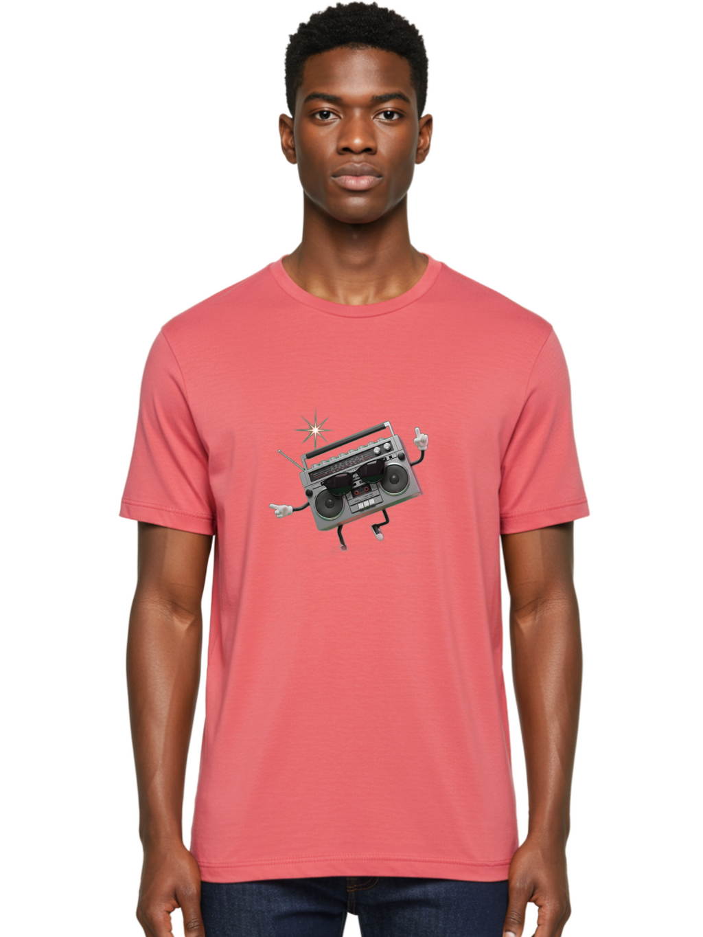 Boombox-Character-3 Men'S Graphic Tee, 100% Cotton, Comfortable Casual Summer Wear, Machine Washable, Cartoon Boombox, Retro Technology, Vintage Music, Nostalgic Vibes, Funky Character, Thumbs Up, Starburst Effect, Playful Design, Baa190