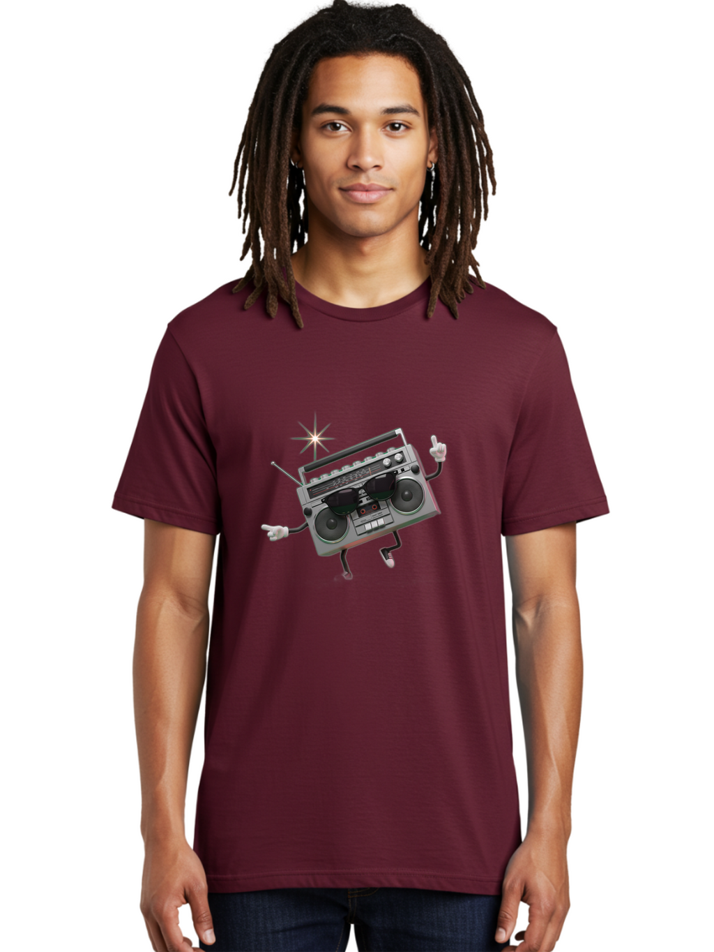 Boombox-Character-3 Men'S Graphic Tee, 100% Cotton, Comfortable Casual Summer Wear, Machine Washable, Cartoon Boombox, Retro Technology, Vintage Music, Nostalgic Vibes, Funky Character, Thumbs Up, Starburst Effect, Playful Design, Baa190