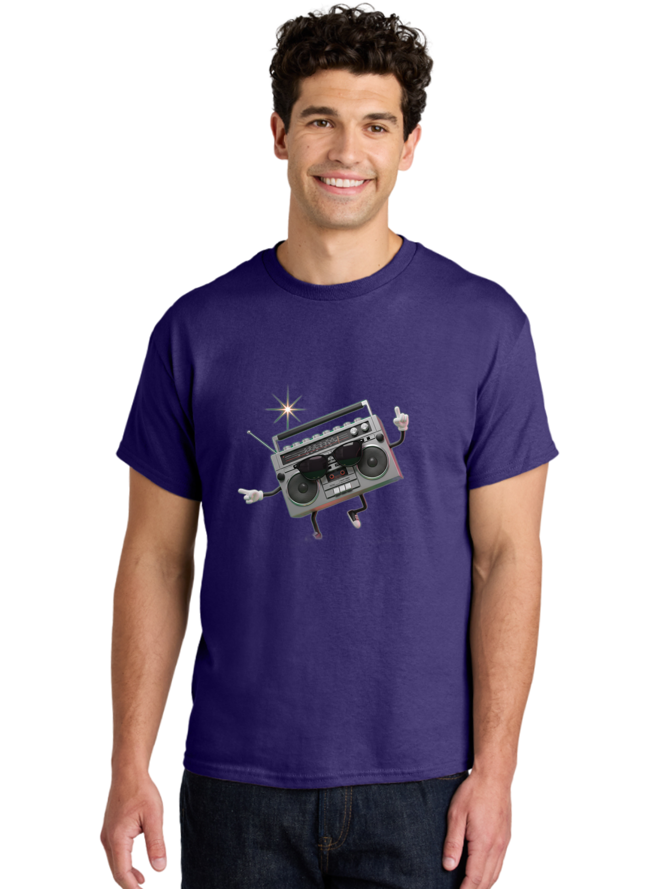 Boombox-Character-3 Men'S Graphic Tee, 100% Cotton, Comfortable Casual Summer Wear, Machine Washable, Cartoon Boombox, Retro Technology, Vintage Music, Nostalgic Vibes, Funky Character, Thumbs Up, Starburst Effect, Playful Design, Baa190