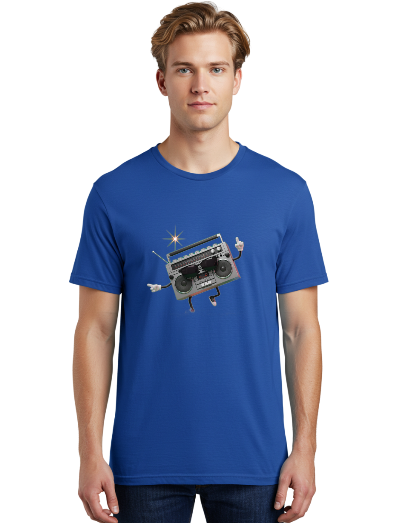 Boombox-Character-3 Men'S Graphic Tee, 100% Cotton, Comfortable Casual Summer Wear, Machine Washable, Cartoon Boombox, Retro Technology, Vintage Music, Nostalgic Vibes, Funky Character, Thumbs Up, Starburst Effect, Playful Design, Baa190