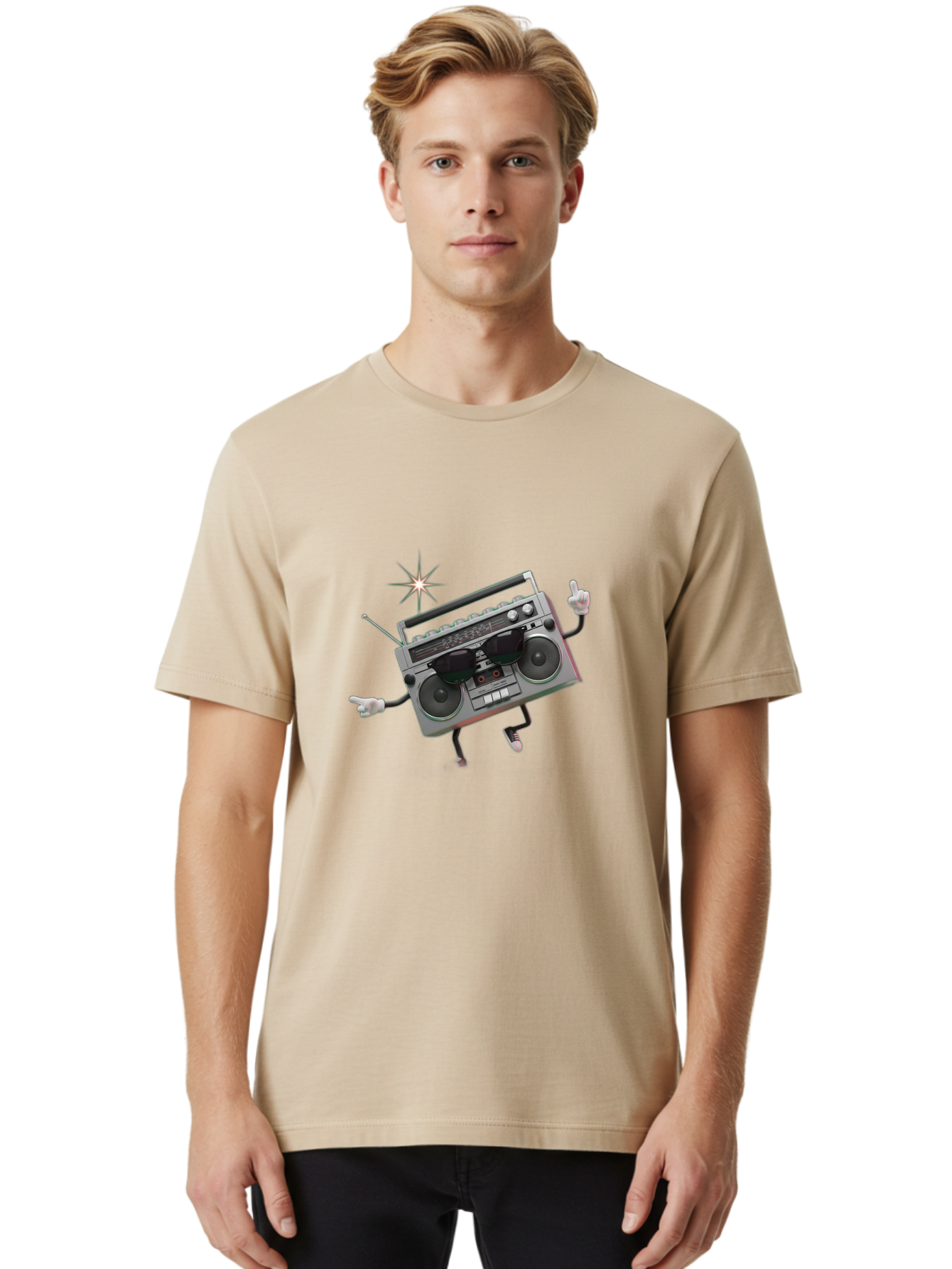 Boombox-Character-3 Men'S Graphic Tee, 100% Cotton, Comfortable Casual Summer Wear, Machine Washable, Cartoon Boombox, Retro Technology, Vintage Music, Nostalgic Vibes, Funky Character, Thumbs Up, Starburst Effect, Playful Design, Baa190