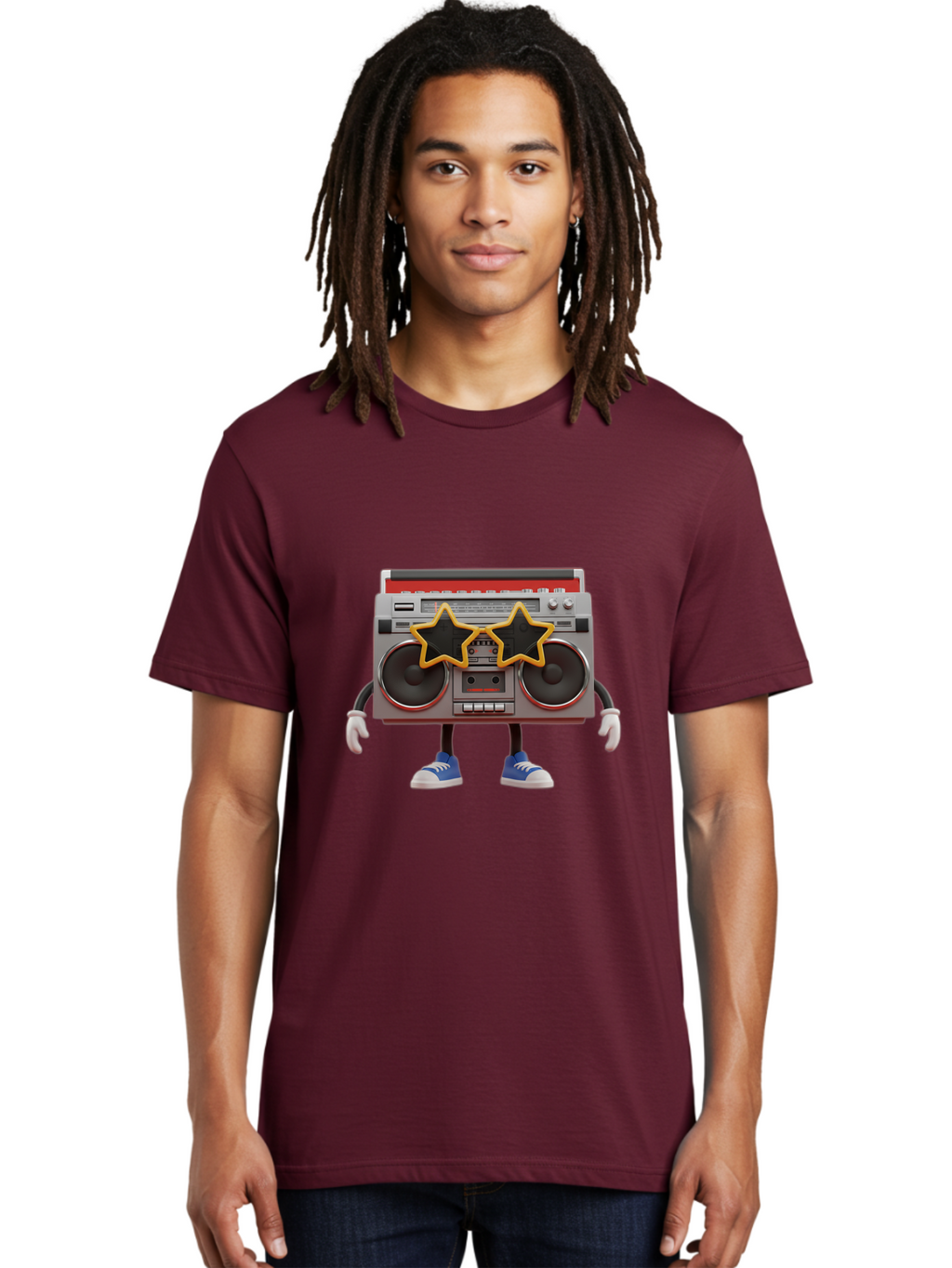 Boombox-Character Men'S Graphic Tee, 100% Cotton, Comfortable Casual Summer Wear, Machine Washable, Cartoon Boombox, Anthropomorphic Design, Retro Music Player, Black Stars, Blue Sneakers, White Gloves, Nostalgic Vibe, Funky Character, Baa191
