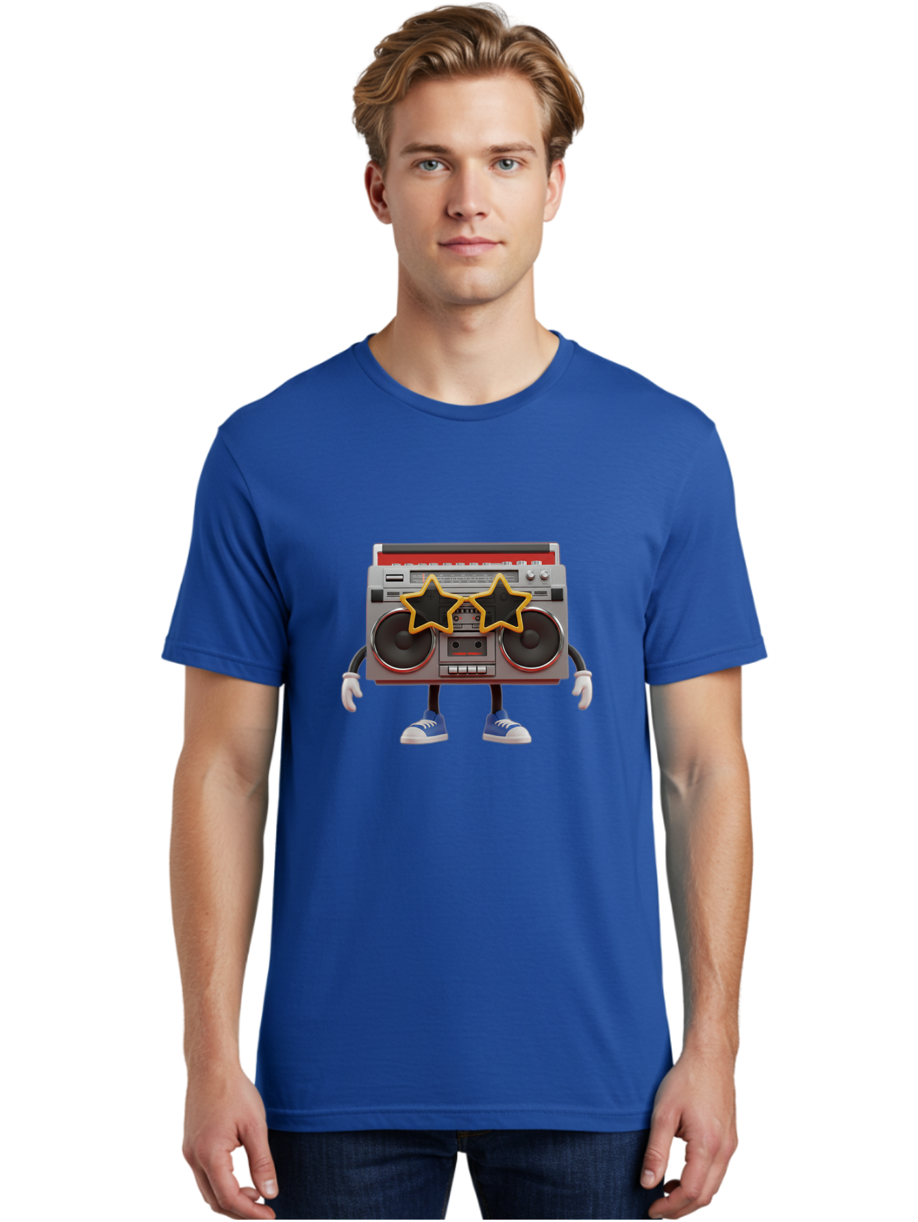 Boombox-Character Men'S Graphic Tee, 100% Cotton, Comfortable Casual Summer Wear, Machine Washable, Cartoon Boombox, Anthropomorphic Design, Retro Music Player, Black Stars, Blue Sneakers, White Gloves, Nostalgic Vibe, Funky Character, Baa191