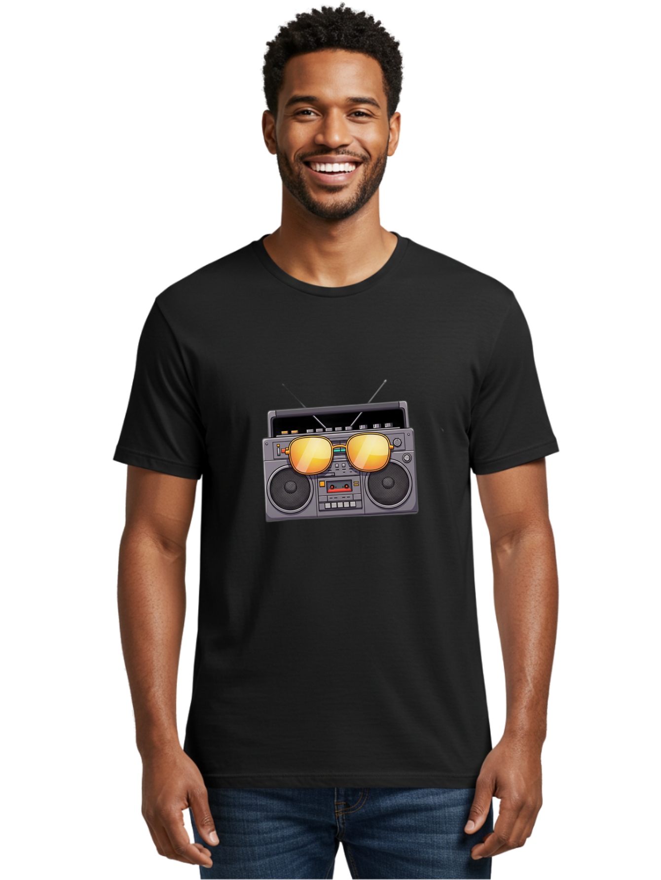 Boombox-Sunglasses Men'S Graphic Tee, 100% Cotton, Comfortable Casual Summer Wear, Machine Washable, Retro Boombox, Vintage Style, Sunglasses, Cassette Player, Old School Music, Nostalgic Vibe, Cool Accessories, Funky Graphics Baa193