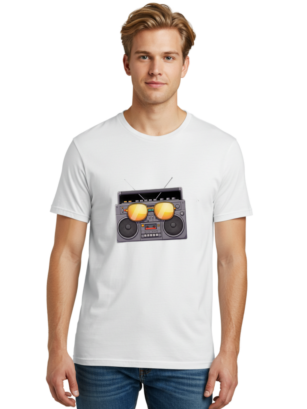 Boombox-Sunglasses Men'S Graphic Tee, 100% Cotton, Comfortable Casual Summer Wear, Machine Washable, Retro Boombox, Vintage Style, Sunglasses, Cassette Player, Old School Music, Nostalgic Vibe, Cool Accessories, Funky Graphics Baa193