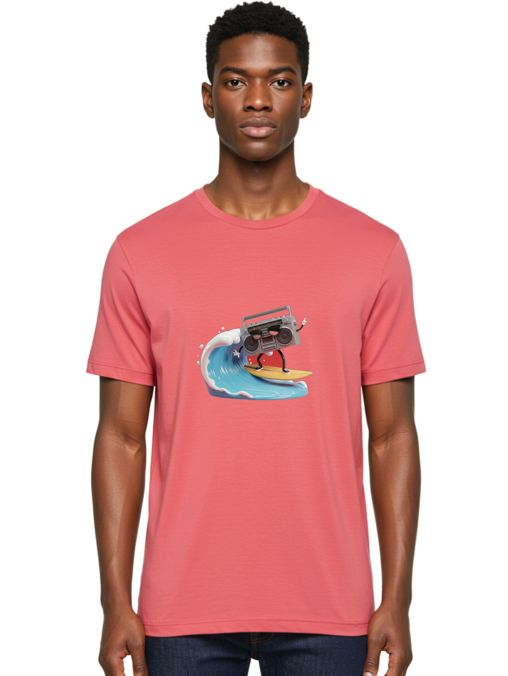Boombox-Surfing-Wave Men'S Graphic Tee, 100% Cotton, Comfortable Casual Summer Wear, Machine Washable, Boomer Boombox Surfing, Retro Boombox, Surfing Wave, Beach Vibes, Retro Radio, Fun Summer Activity, Cool Surfboard, Radical Wave, Baa194