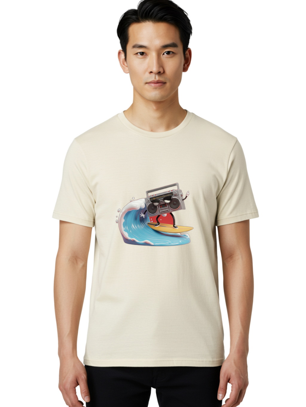 Boombox-Surfing-Wave Men'S Graphic Tee, 100% Cotton, Comfortable Casual Summer Wear, Machine Washable, Boomer Boombox Surfing, Retro Boombox, Surfing Wave, Beach Vibes, Retro Radio, Fun Summer Activity, Cool Surfboard, Radical Wave, Baa194