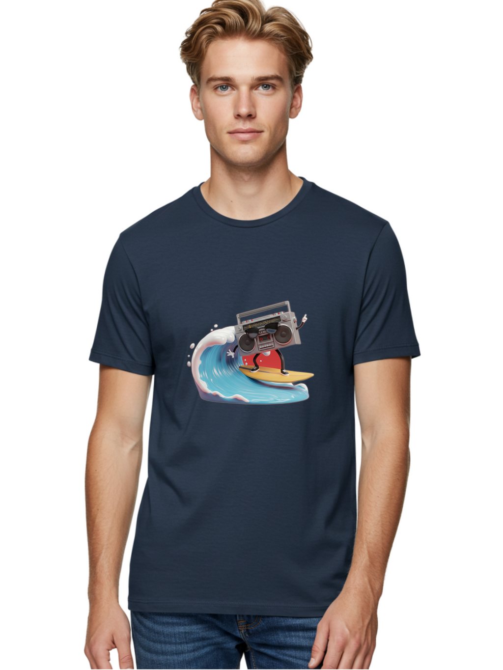Boombox-Surfing-Wave Men'S Graphic Tee, 100% Cotton, Comfortable Casual Summer Wear, Machine Washable, Boomer Boombox Surfing, Retro Boombox, Surfing Wave, Beach Vibes, Retro Radio, Fun Summer Activity, Cool Surfboard, Radical Wave, Baa194