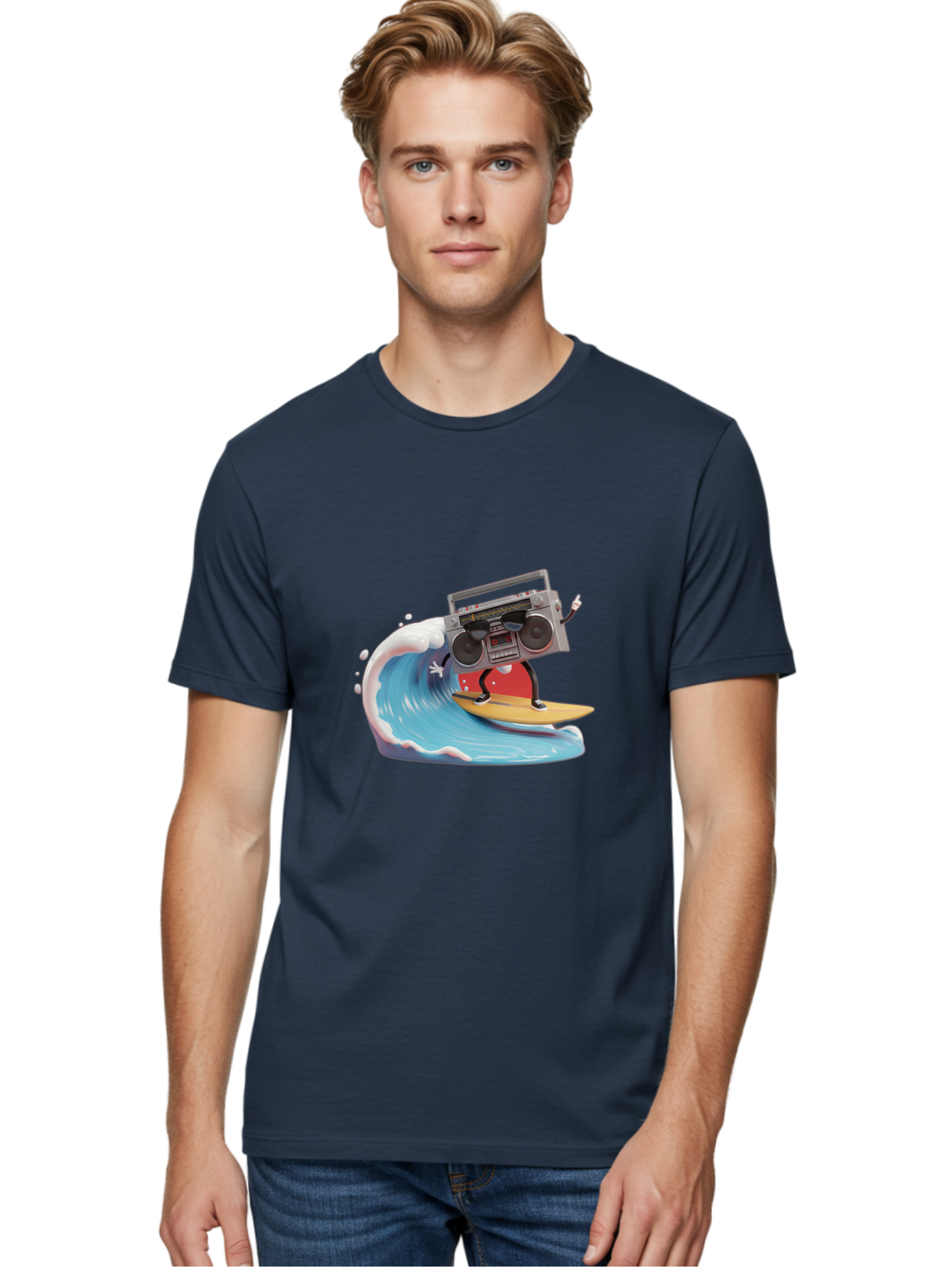 Boombox-Surfing-Wave Men'S Graphic Tee, 100% Cotton, Comfortable Casual Summer Wear, Machine Washable, Boomer Boombox Surfing, Retro Boombox, Surfing Wave, Beach Vibes, Retro Radio, Fun Summer Activity, Cool Surfboard, Radical Wave, Baa194