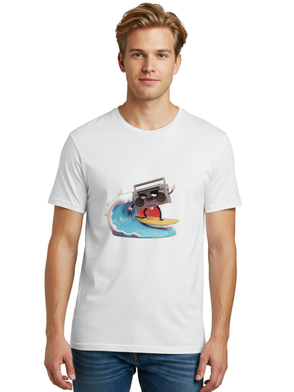 Boombox-Surfing-Wave Men'S Graphic Tee, 100% Cotton, Comfortable Casual Summer Wear, Machine Washable, Boomer Boombox Surfing, Retro Boombox, Surfing Wave, Beach Vibes, Retro Radio, Fun Summer Activity, Cool Surfboard, Radical Wave, Baa194