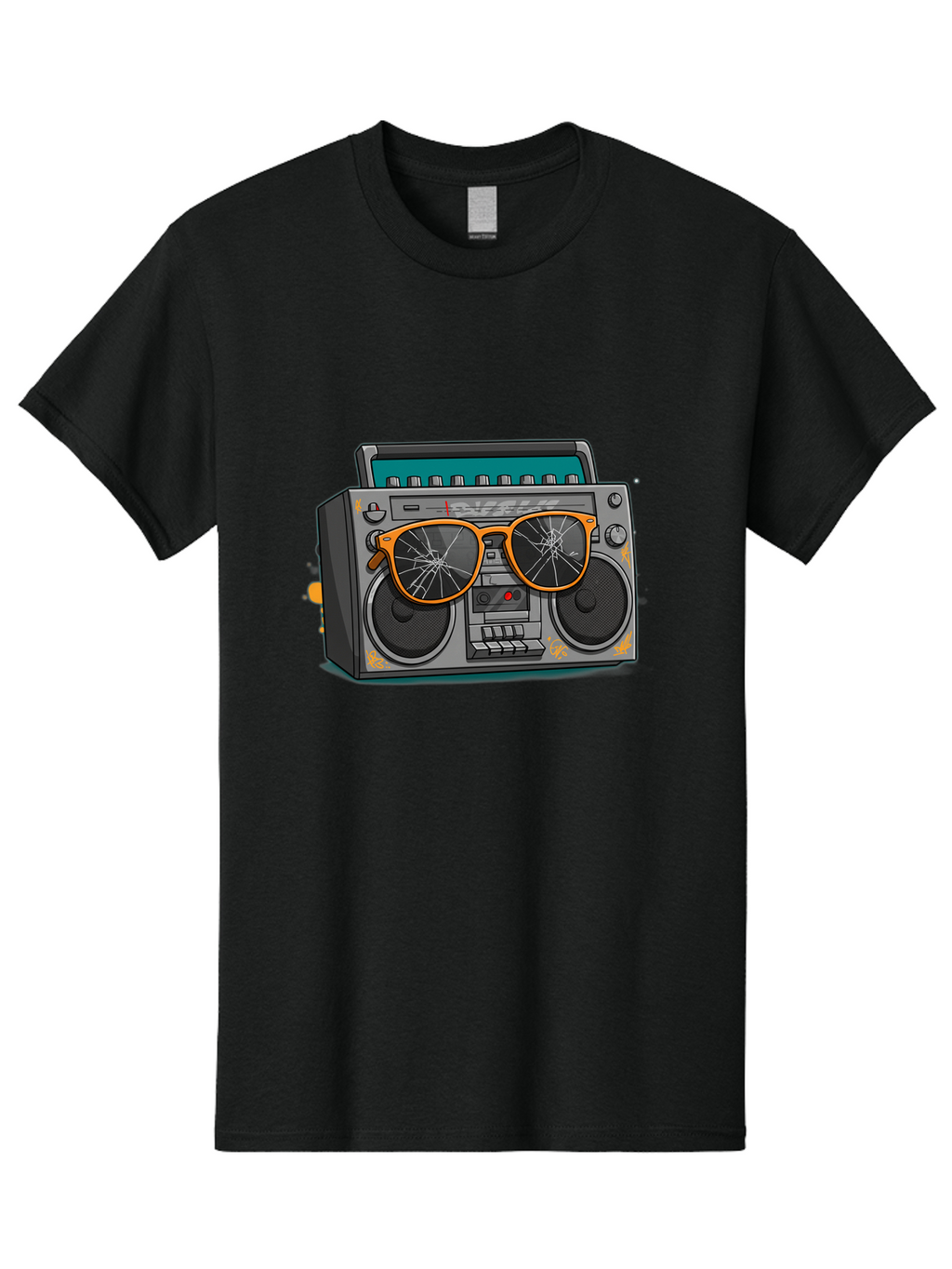 Boombox-With-Broken-Shades Men'S Graphic Tee, 100% Cotton, Comfortable Casual Summer Wear, Machine Washable, Vintage Boombox, Retro Style, Broken Sunglasses, Hip Hop Culture, Cassette Player, Audio Equipment, Old School Music, Urban Fashion, Baa195