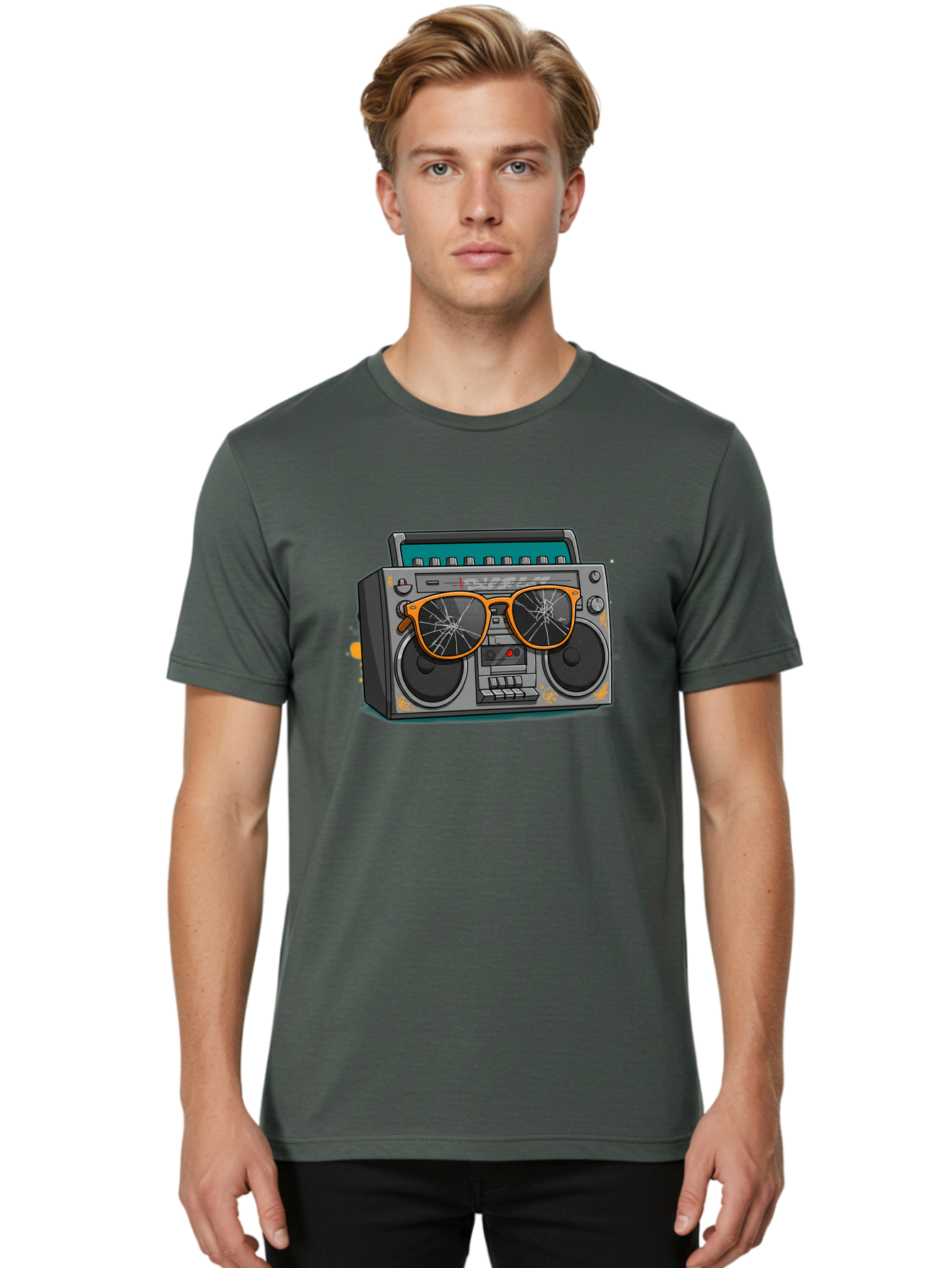 Boombox-With-Broken-Shades Men'S Graphic Tee, 100% Cotton, Comfortable Casual Summer Wear, Machine Washable, Vintage Boombox, Retro Style, Broken Sunglasses, Hip Hop Culture, Cassette Player, Audio Equipment, Old School Music, Urban Fashion, Baa195