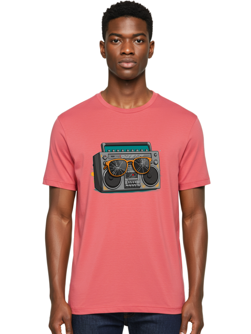 Boombox-With-Broken-Shades Men'S Graphic Tee, 100% Cotton, Comfortable Casual Summer Wear, Machine Washable, Vintage Boombox, Retro Style, Broken Sunglasses, Hip Hop Culture, Cassette Player, Audio Equipment, Old School Music, Urban Fashion, Baa195