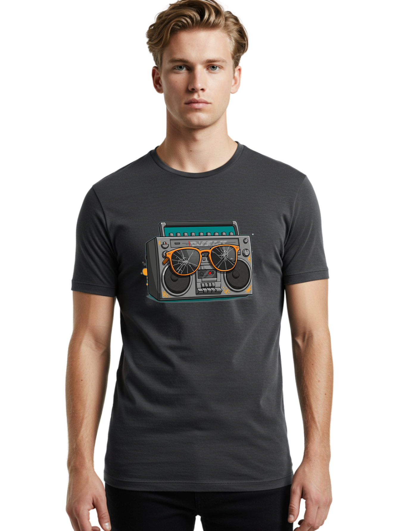 Boombox-With-Broken-Shades Men'S Graphic Tee, 100% Cotton, Comfortable Casual Summer Wear, Machine Washable, Vintage Boombox, Retro Style, Broken Sunglasses, Hip Hop Culture, Cassette Player, Audio Equipment, Old School Music, Urban Fashion, Baa195