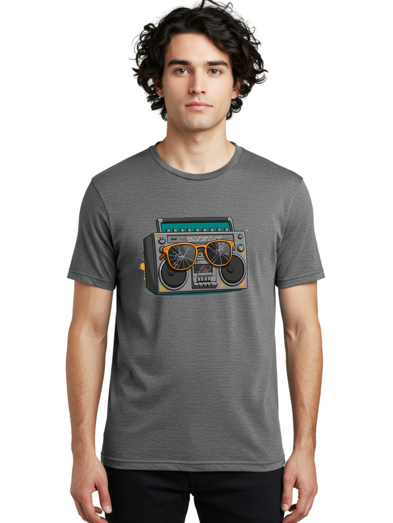 Boombox-With-Broken-Shades Men'S Graphic Tee, 100% Cotton, Comfortable Casual Summer Wear, Machine Washable, Vintage Boombox, Retro Style, Broken Sunglasses, Hip Hop Culture, Cassette Player, Audio Equipment, Old School Music, Urban Fashion, Baa195
