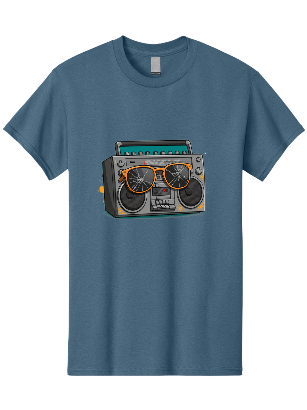 Boombox-With-Broken-Shades Men'S Graphic Tee, 100% Cotton, Comfortable Casual Summer Wear, Machine Washable, Vintage Boombox, Retro Style, Broken Sunglasses, Hip Hop Culture, Cassette Player, Audio Equipment, Old School Music, Urban Fashion, Baa195