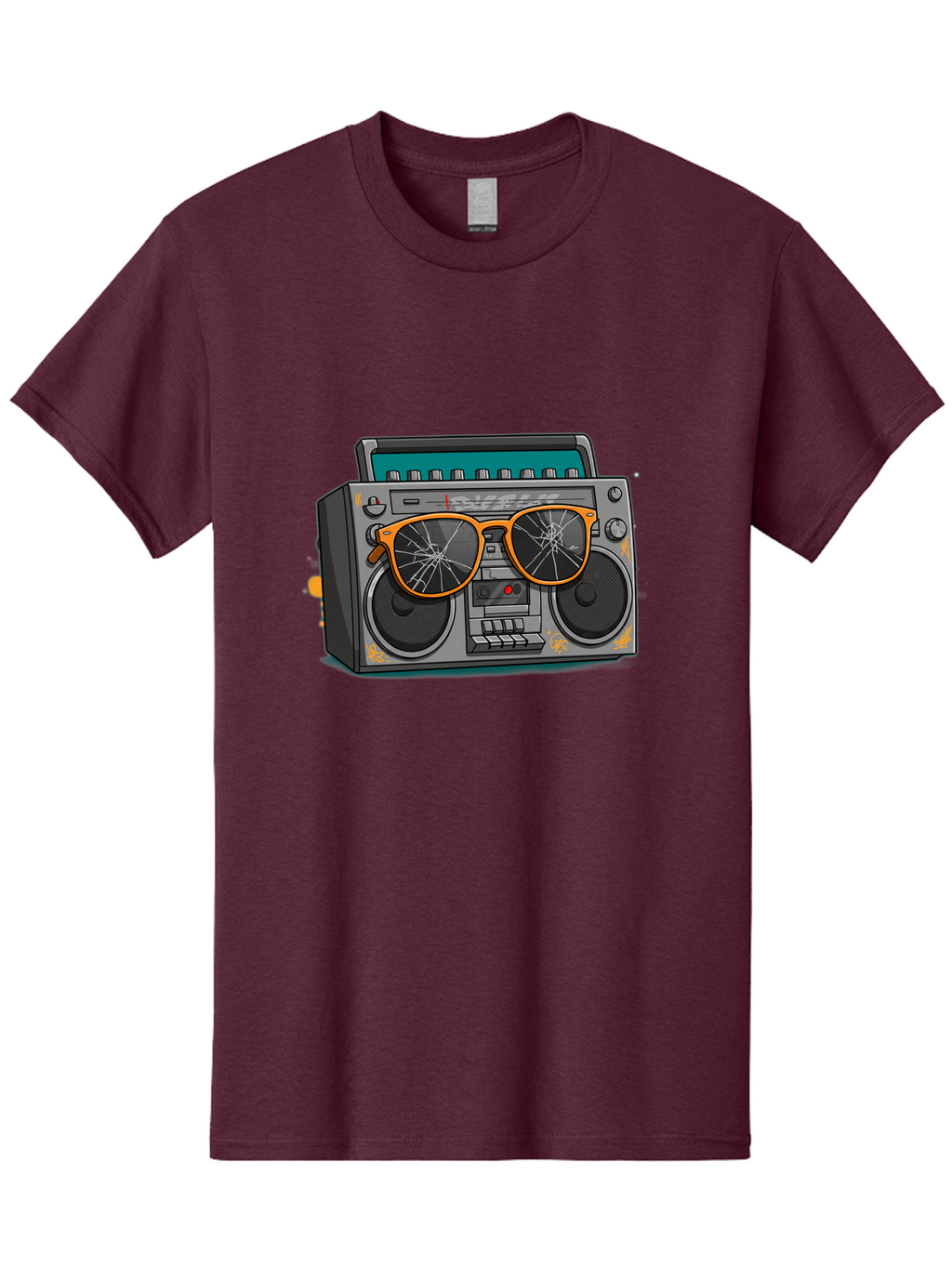 Boombox-With-Broken-Shades Men'S Graphic Tee, 100% Cotton, Comfortable Casual Summer Wear, Machine Washable, Vintage Boombox, Retro Style, Broken Sunglasses, Hip Hop Culture, Cassette Player, Audio Equipment, Old School Music, Urban Fashion, Baa195