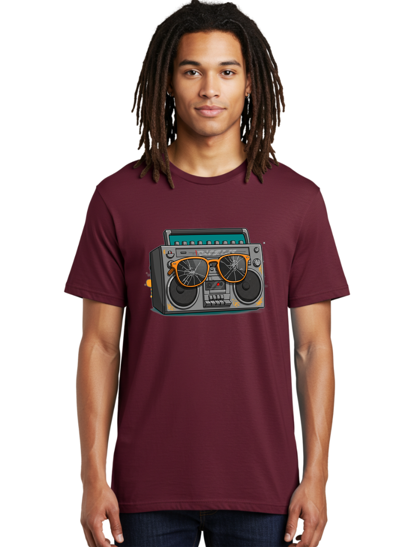Boombox-With-Broken-Shades Men'S Graphic Tee, 100% Cotton, Comfortable Casual Summer Wear, Machine Washable, Vintage Boombox, Retro Style, Broken Sunglasses, Hip Hop Culture, Cassette Player, Audio Equipment, Old School Music, Urban Fashion, Baa195