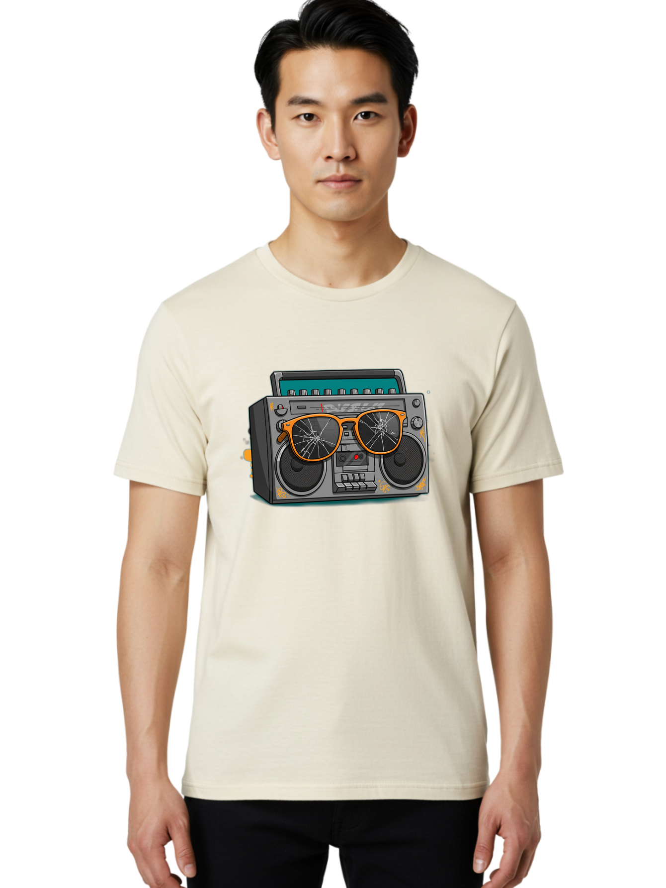 Boombox-With-Broken-Shades Men'S Graphic Tee, 100% Cotton, Comfortable Casual Summer Wear, Machine Washable, Vintage Boombox, Retro Style, Broken Sunglasses, Hip Hop Culture, Cassette Player, Audio Equipment, Old School Music, Urban Fashion, Baa195
