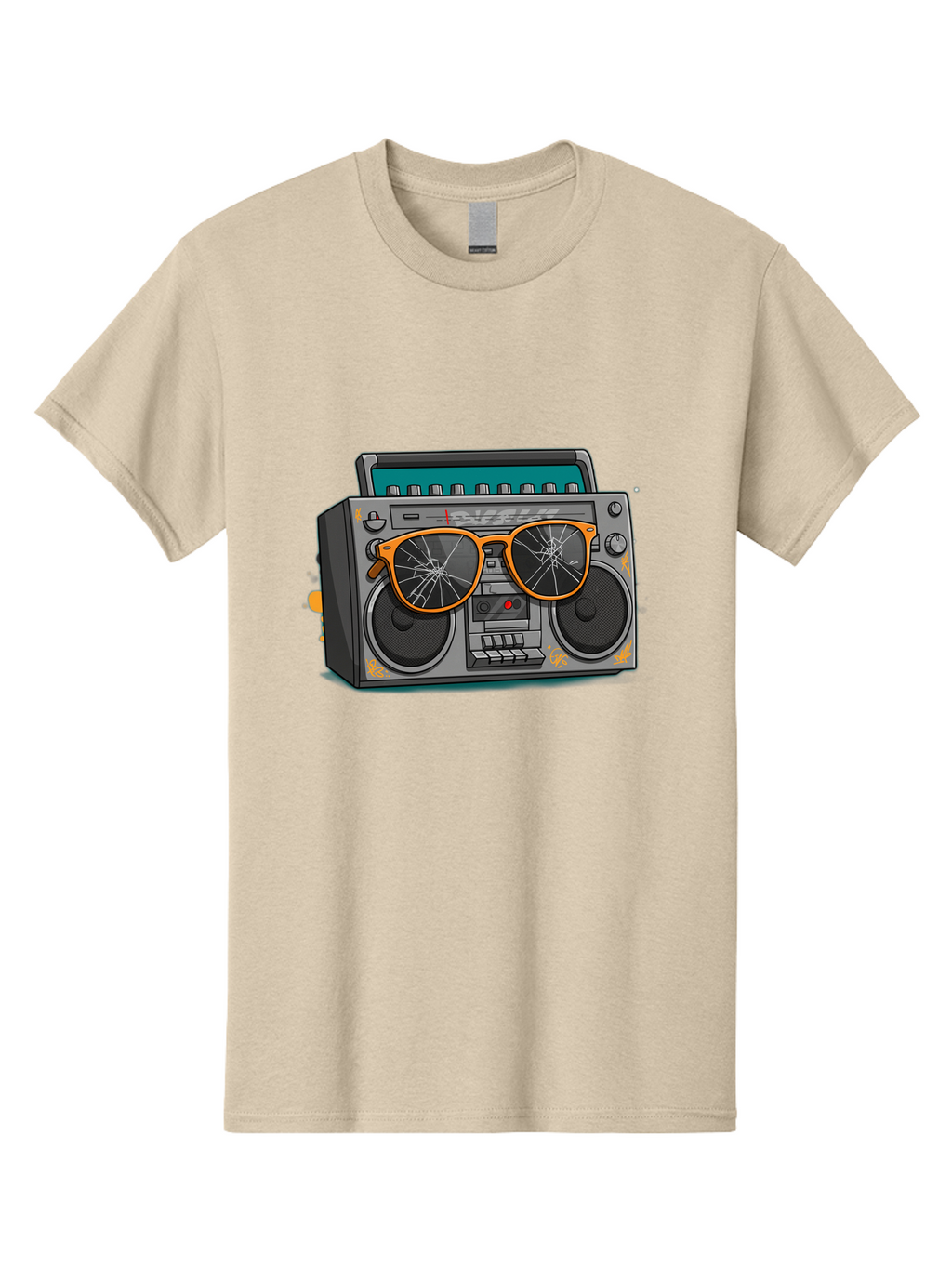 Boombox-With-Broken-Shades Men'S Graphic Tee, 100% Cotton, Comfortable Casual Summer Wear, Machine Washable, Vintage Boombox, Retro Style, Broken Sunglasses, Hip Hop Culture, Cassette Player, Audio Equipment, Old School Music, Urban Fashion, Baa195