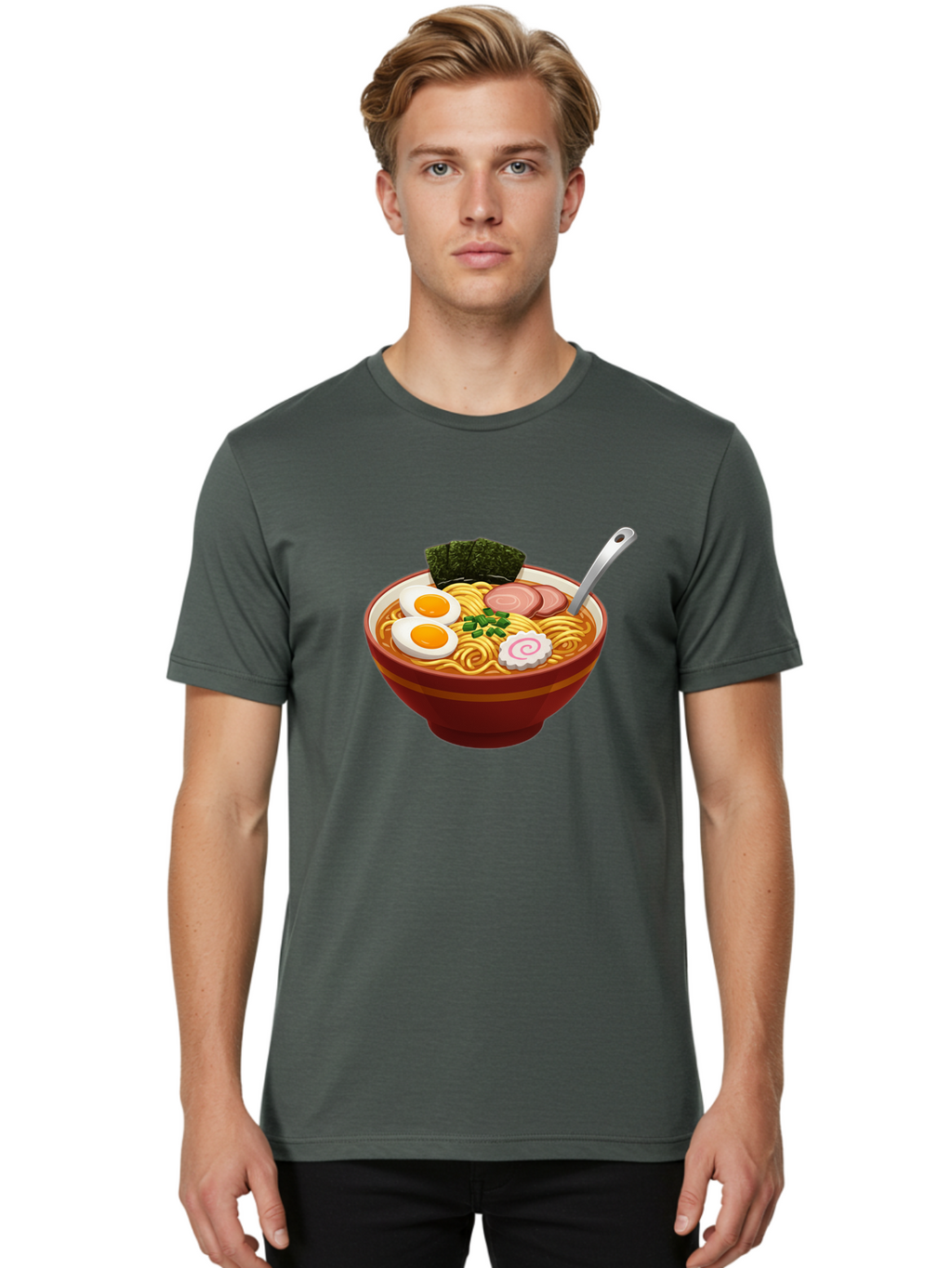 Bowl-Of-Ramen-1 Men'S Graphic Tee, 100% Cotton, Comfortable Casual Summer Wear, Machine Washable, Ramen Noodles, Japanese Cuisine, Savory Broth, Boiled Egg, Green Onions, Seaweed, Sliced Pork, Fish Cake, Silver Spoon Baa197