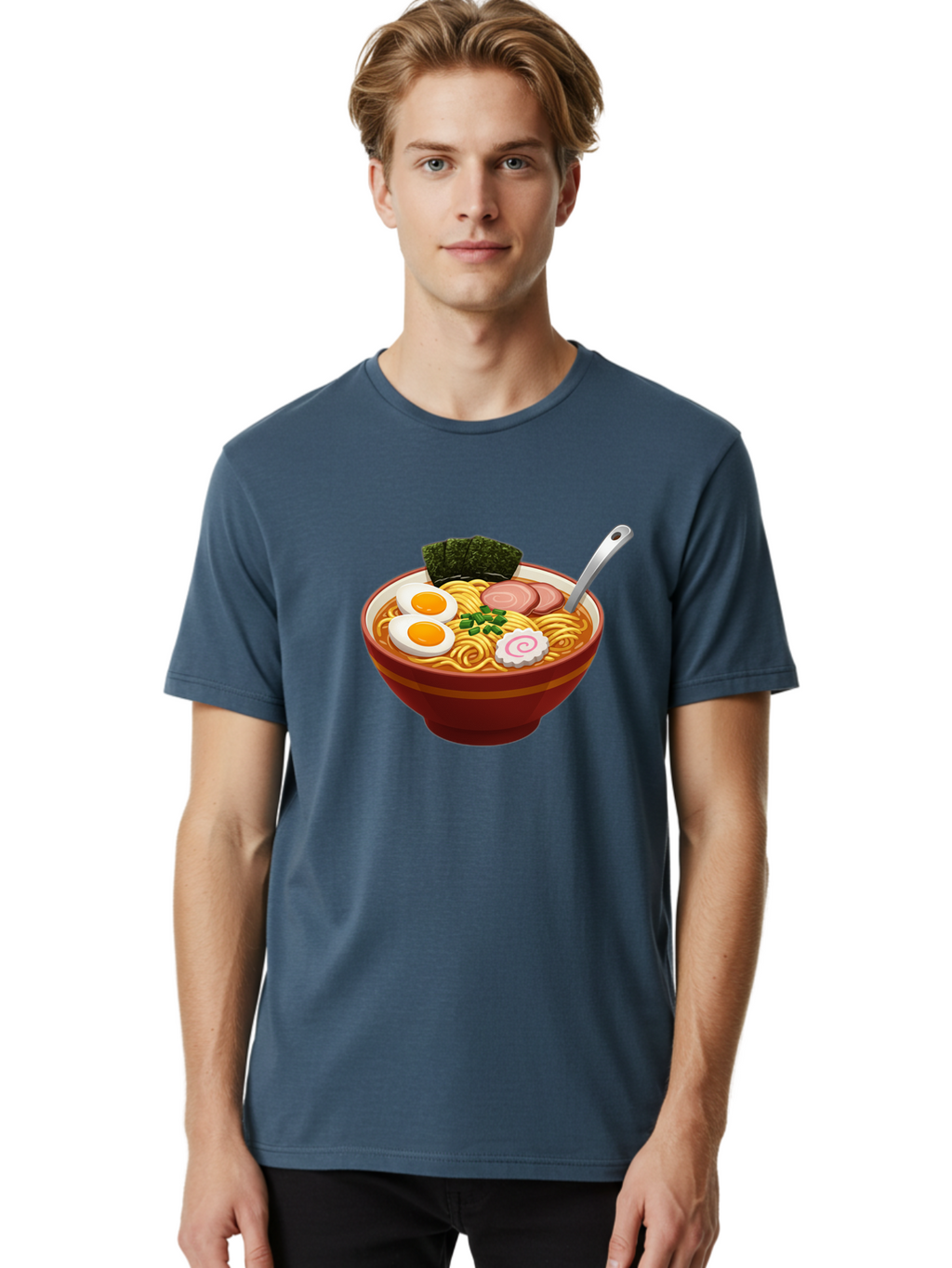 Bowl-Of-Ramen-1 Men'S Graphic Tee, 100% Cotton, Comfortable Casual Summer Wear, Machine Washable, Ramen Noodles, Japanese Cuisine, Savory Broth, Boiled Egg, Green Onions, Seaweed, Sliced Pork, Fish Cake, Silver Spoon Baa197