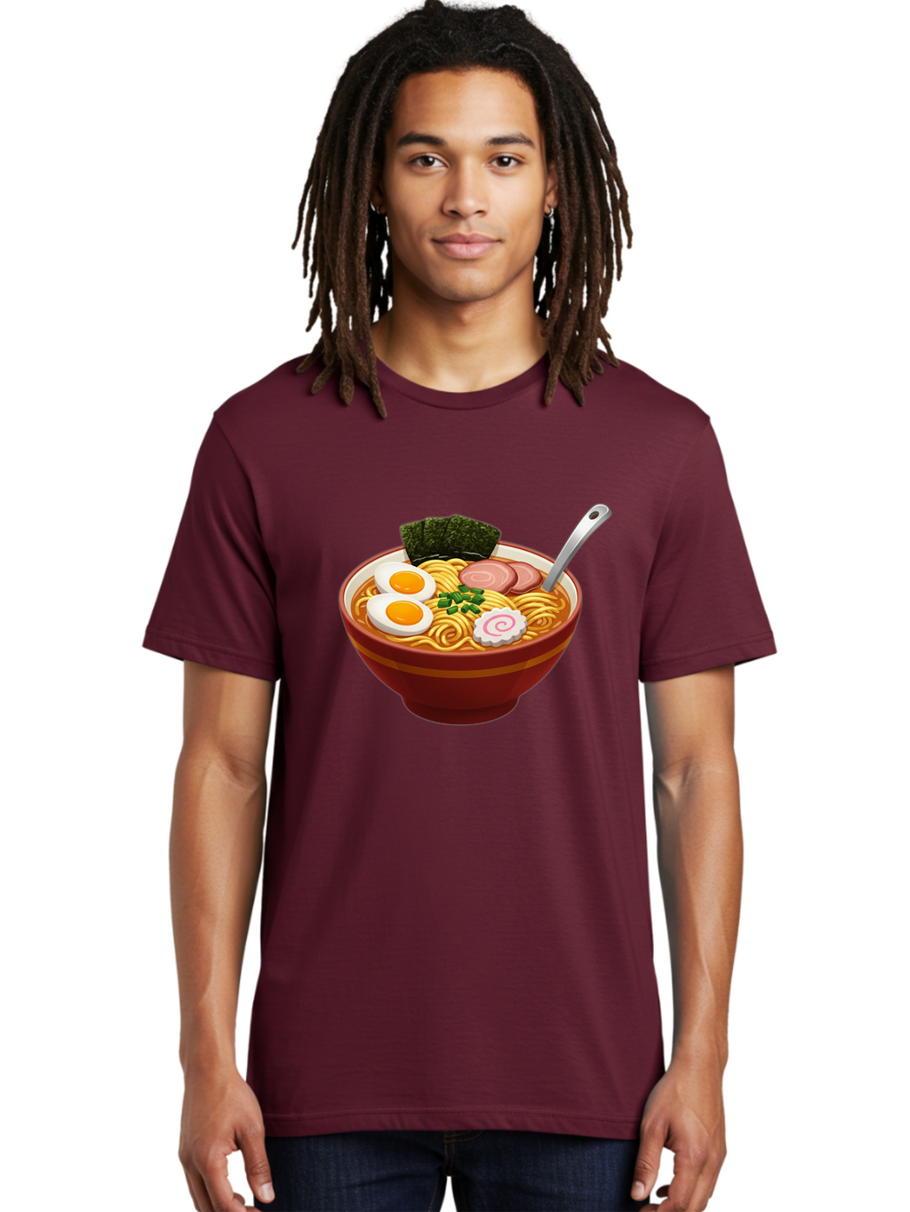 Bowl-Of-Ramen-1 Men'S Graphic Tee, 100% Cotton, Comfortable Casual Summer Wear, Machine Washable, Ramen Noodles, Japanese Cuisine, Savory Broth, Boiled Egg, Green Onions, Seaweed, Sliced Pork, Fish Cake, Silver Spoon Baa197
