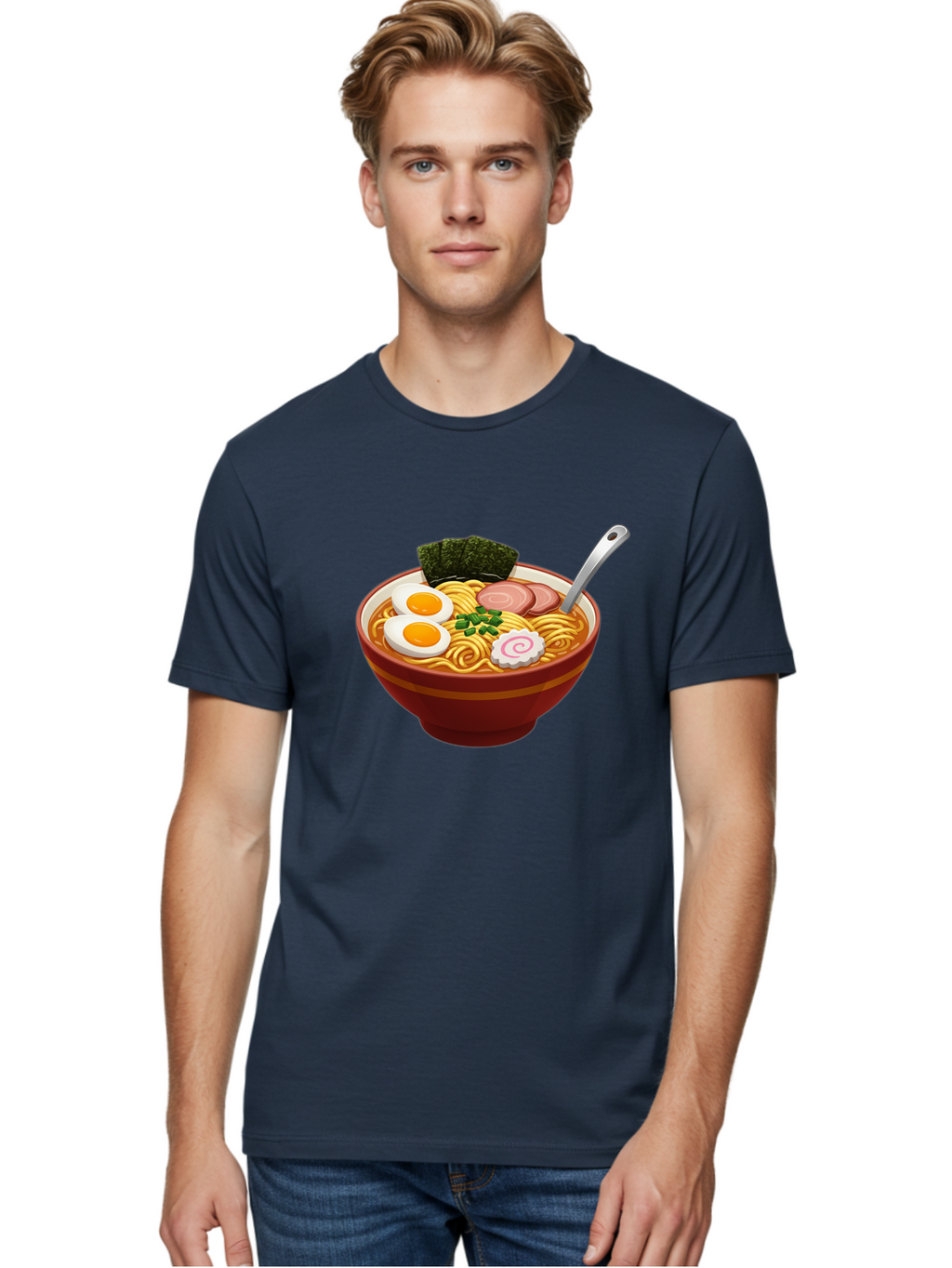 Bowl-Of-Ramen-1 Men'S Graphic Tee, 100% Cotton, Comfortable Casual Summer Wear, Machine Washable, Ramen Noodles, Japanese Cuisine, Savory Broth, Boiled Egg, Green Onions, Seaweed, Sliced Pork, Fish Cake, Silver Spoon Baa197