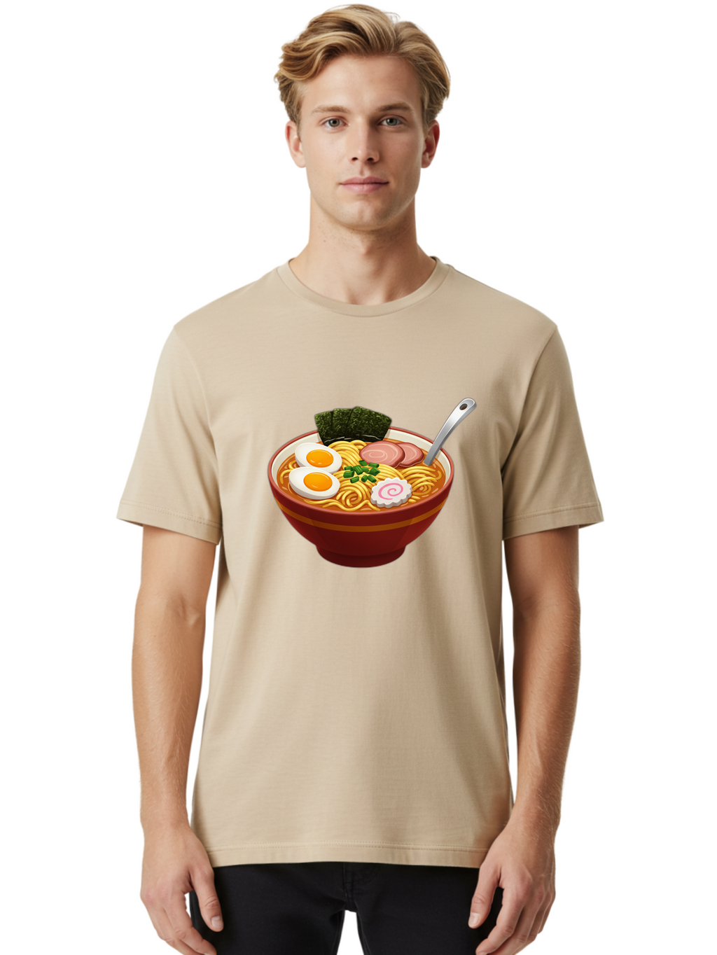 Bowl-Of-Ramen-1 Men'S Graphic Tee, 100% Cotton, Comfortable Casual Summer Wear, Machine Washable, Ramen Noodles, Japanese Cuisine, Savory Broth, Boiled Egg, Green Onions, Seaweed, Sliced Pork, Fish Cake, Silver Spoon Baa197