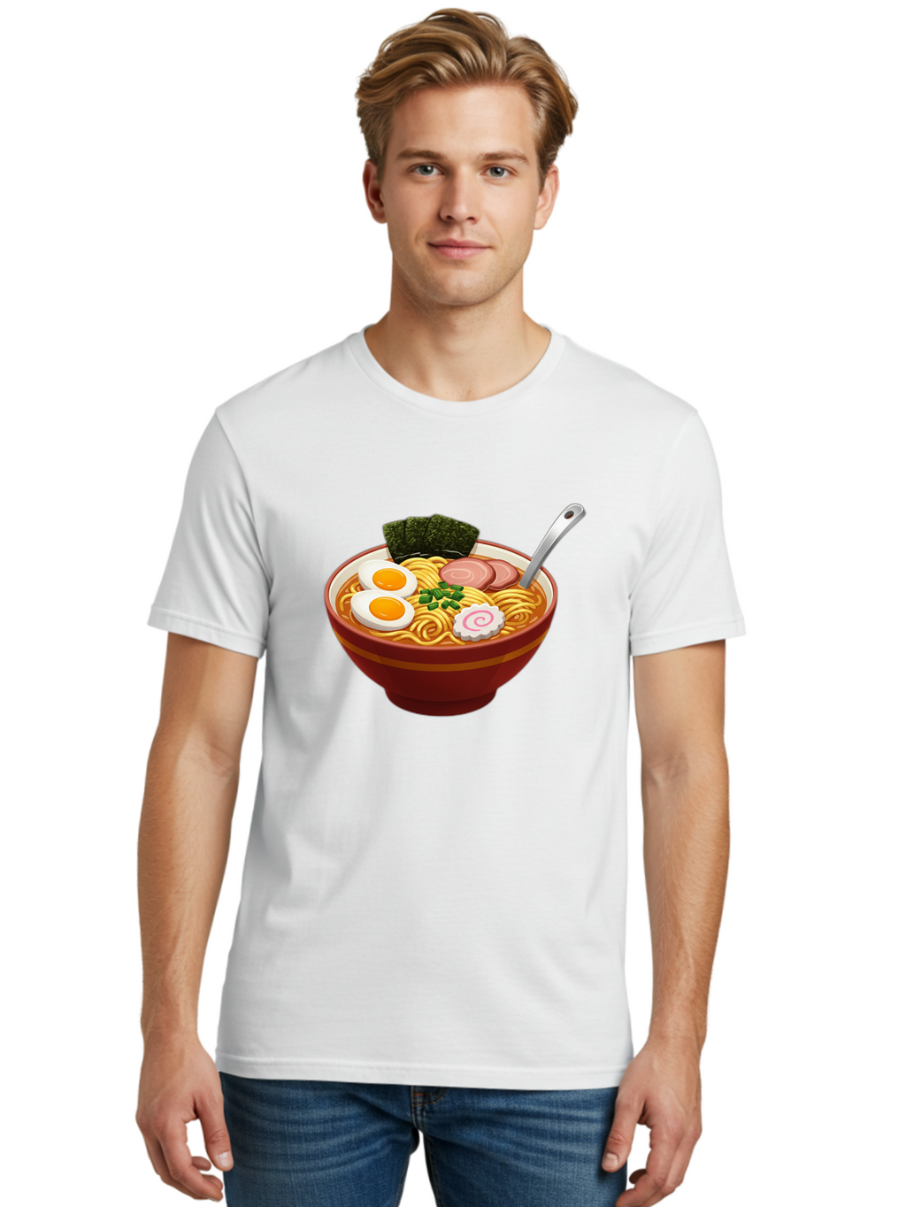 Bowl-Of-Ramen-1 Men'S Graphic Tee, 100% Cotton, Comfortable Casual Summer Wear, Machine Washable, Ramen Noodles, Japanese Cuisine, Savory Broth, Boiled Egg, Green Onions, Seaweed, Sliced Pork, Fish Cake, Silver Spoon Baa197