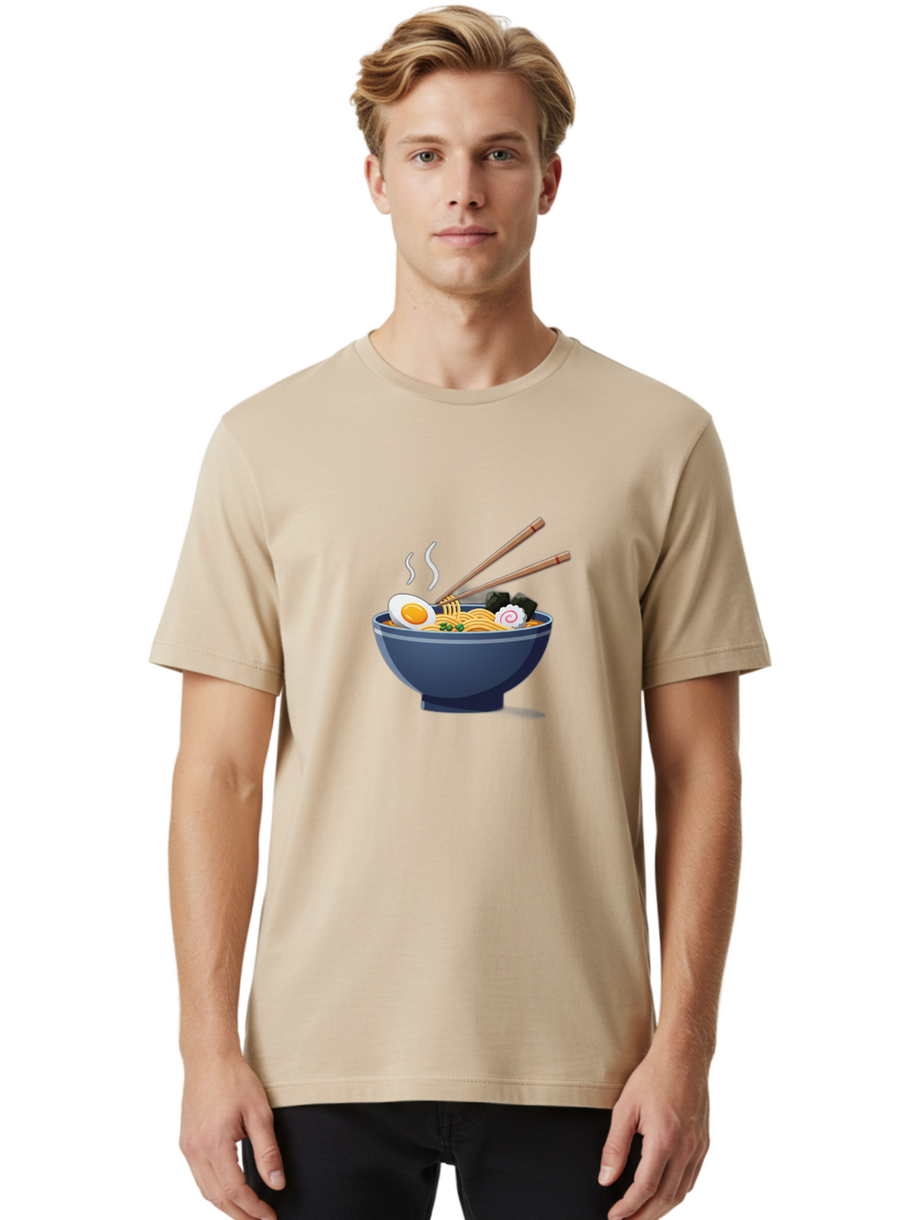Bowl-Of-Ramen-Noodles Men'S Graphic Tee, 100% Cotton, Comfortable Casual Summer Wear, Machine Washable, Steaming Hot Ramen, Japanese Cuisine, Boiled Egg, Green Onions, Black Mushrooms, Wooden Chopsticks, Savory Flavors, Comfort Food, Baa199
