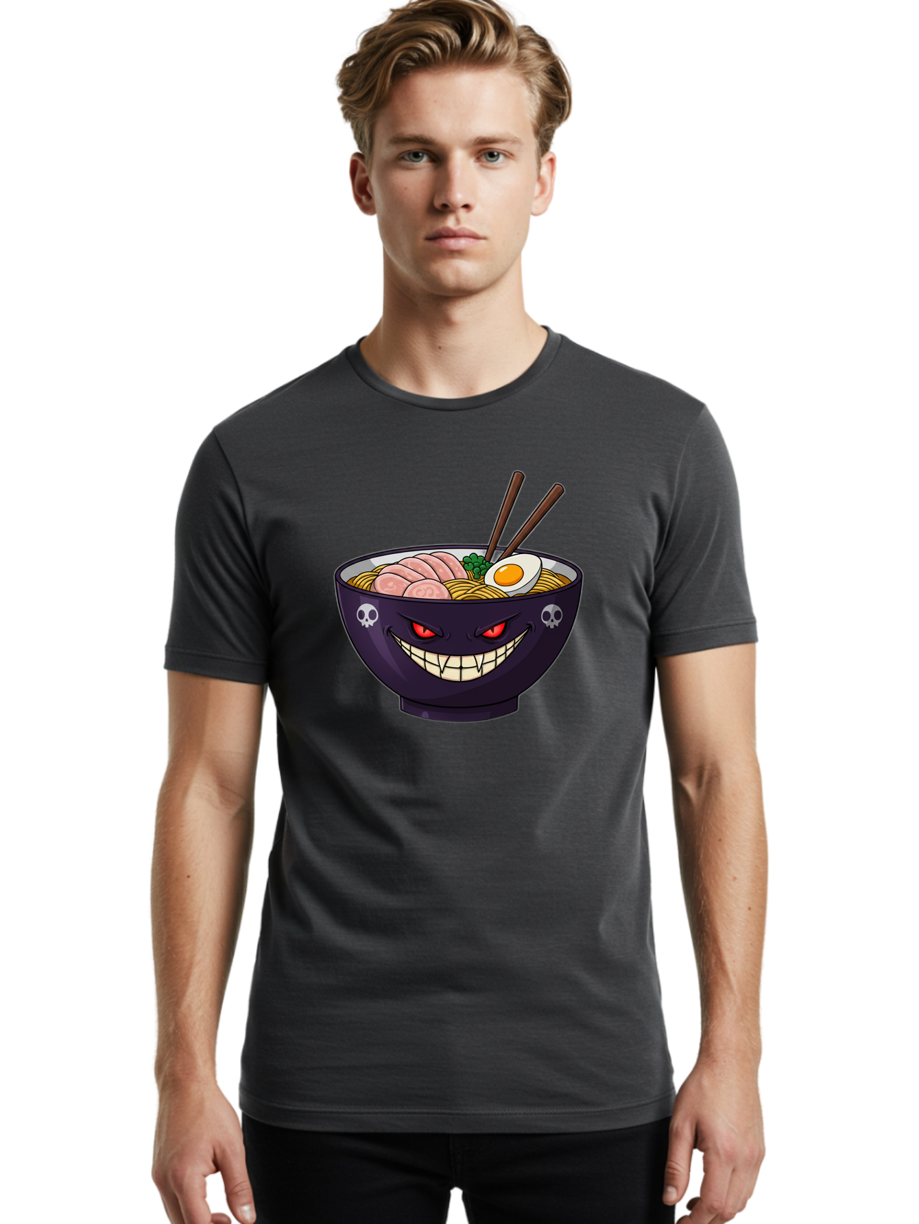 Bowl-Of-Ramen Men'S Graphic Tee, 100% Cotton, Comfortable Casual Summer Wear, Machine Washable, Gengar Character, Ramen Bowl, Cartoon, Noodles, Sliced Ham, Egg, Chopsticks, Anime Style, Pokémon, Skulls, Menacing Grin, Japanese Cuisine, Baa200