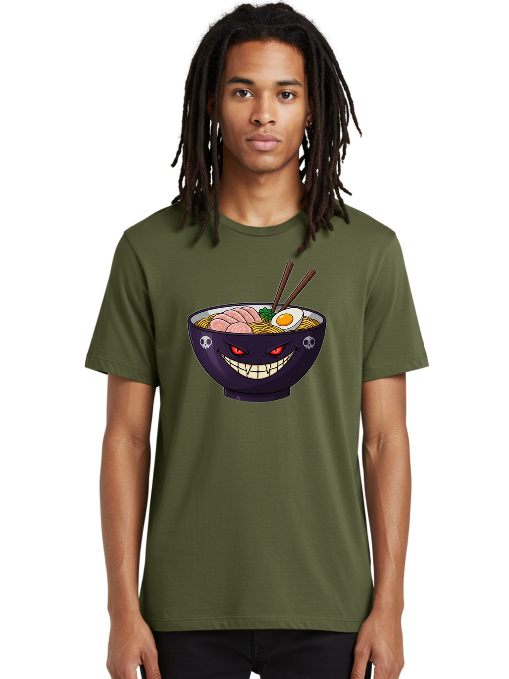 Bowl-Of-Ramen Men'S Graphic Tee, 100% Cotton, Comfortable Casual Summer Wear, Machine Washable, Gengar Character, Ramen Bowl, Cartoon, Noodles, Sliced Ham, Egg, Chopsticks, Anime Style, Pokémon, Skulls, Menacing Grin, Japanese Cuisine, Baa200