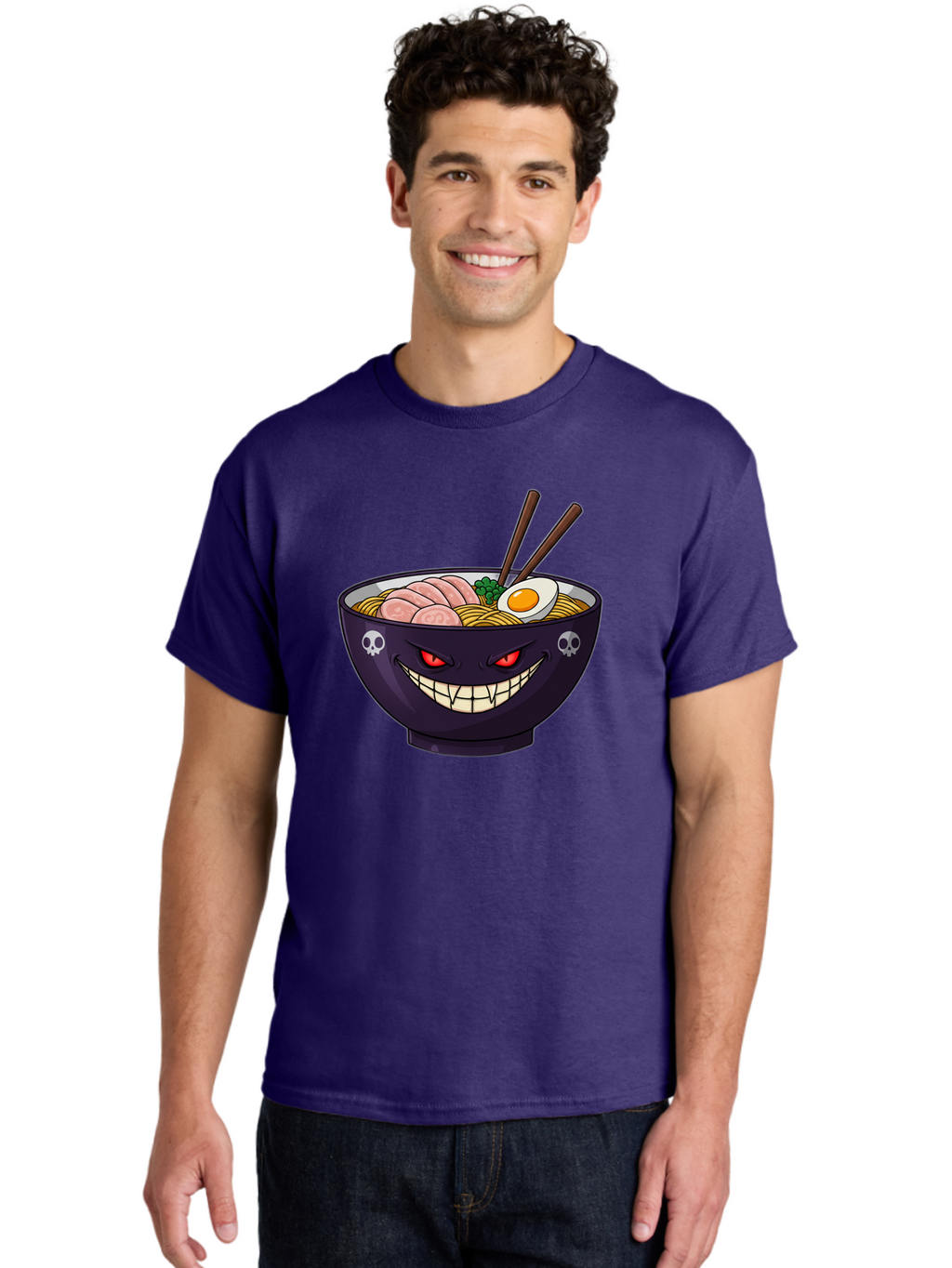 Bowl-Of-Ramen Men'S Graphic Tee, 100% Cotton, Comfortable Casual Summer Wear, Machine Washable, Gengar Character, Ramen Bowl, Cartoon, Noodles, Sliced Ham, Egg, Chopsticks, Anime Style, Pokémon, Skulls, Menacing Grin, Japanese Cuisine, Baa200