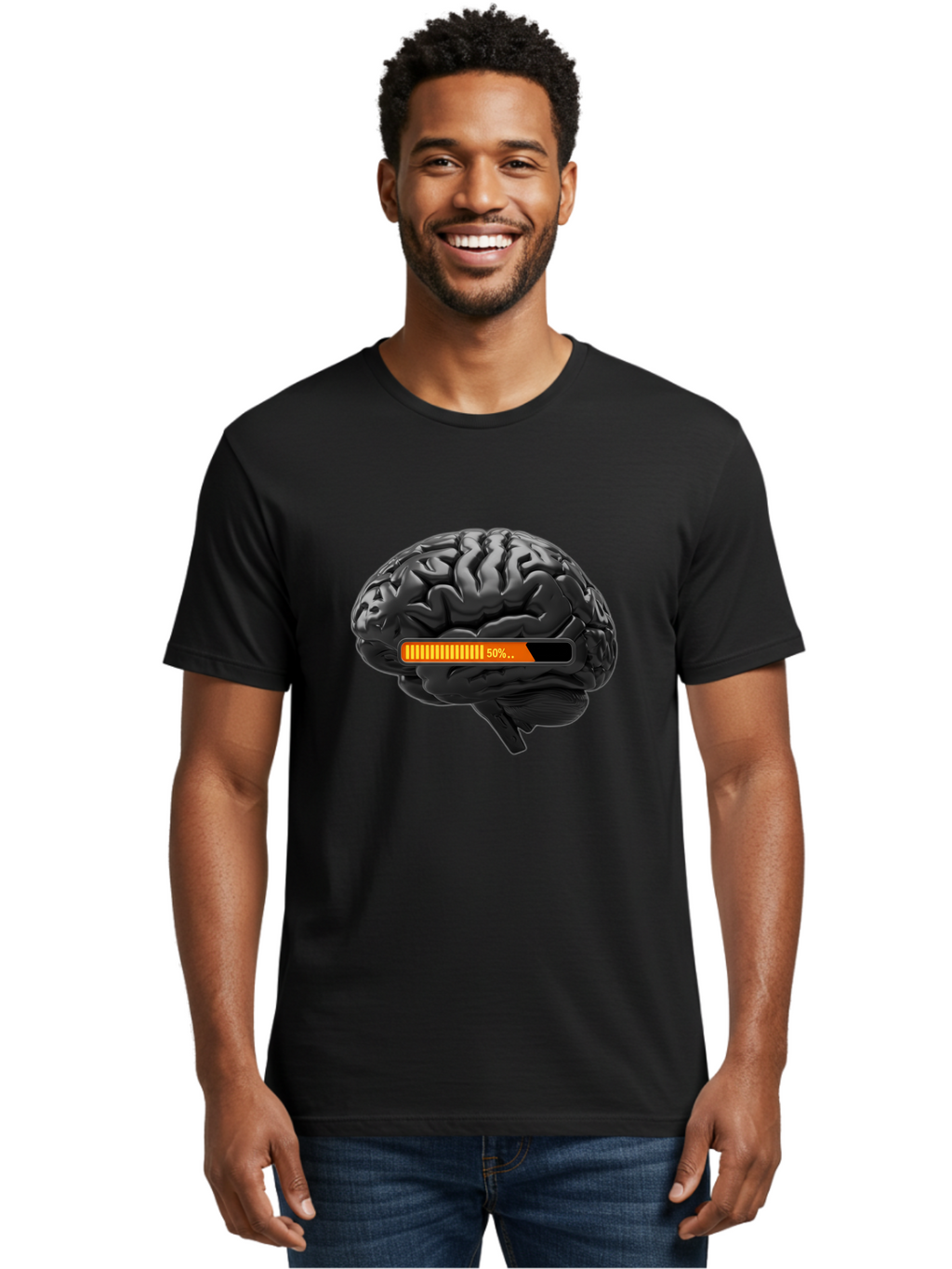 Brain-50 Men'S Graphic Tee, 100% Cotton, Comfortable Casual Summer Wear, Machine Washable, Human Brain, 50% Charged, Battery Icon, Progress Bar, Cognitive Function, Mental Capacity, Intelligence, Knowledge Baa202