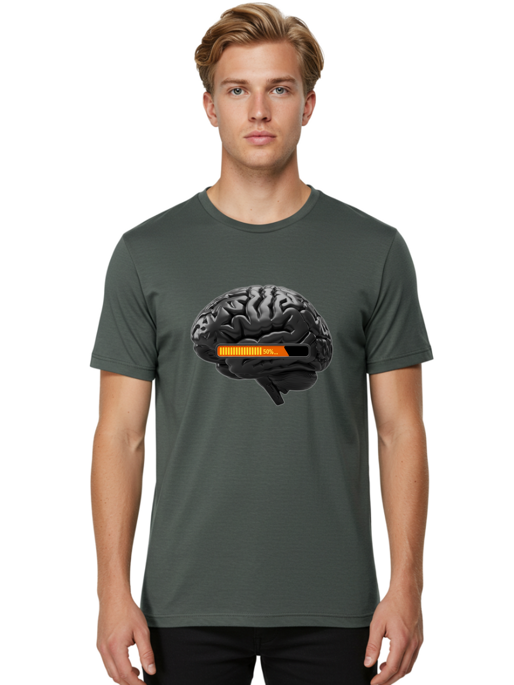 Brain-50 Men'S Graphic Tee, 100% Cotton, Comfortable Casual Summer Wear, Machine Washable, Human Brain, 50% Charged, Battery Icon, Progress Bar, Cognitive Function, Mental Capacity, Intelligence, Knowledge Baa202