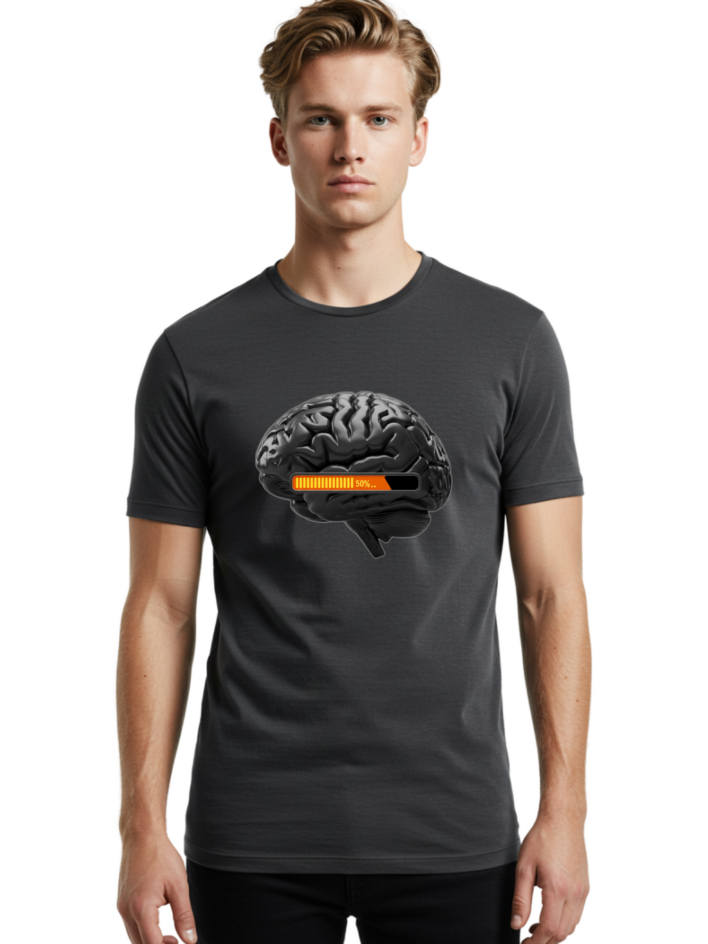 Brain-50 Men'S Graphic Tee, 100% Cotton, Comfortable Casual Summer Wear, Machine Washable, Human Brain, 50% Charged, Battery Icon, Progress Bar, Cognitive Function, Mental Capacity, Intelligence, Knowledge Baa202