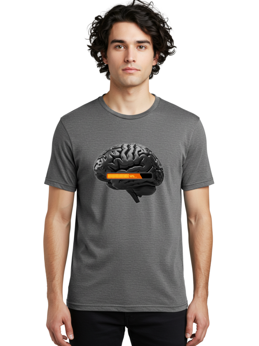 Brain-50 Men'S Graphic Tee, 100% Cotton, Comfortable Casual Summer Wear, Machine Washable, Human Brain, 50% Charged, Battery Icon, Progress Bar, Cognitive Function, Mental Capacity, Intelligence, Knowledge Baa202