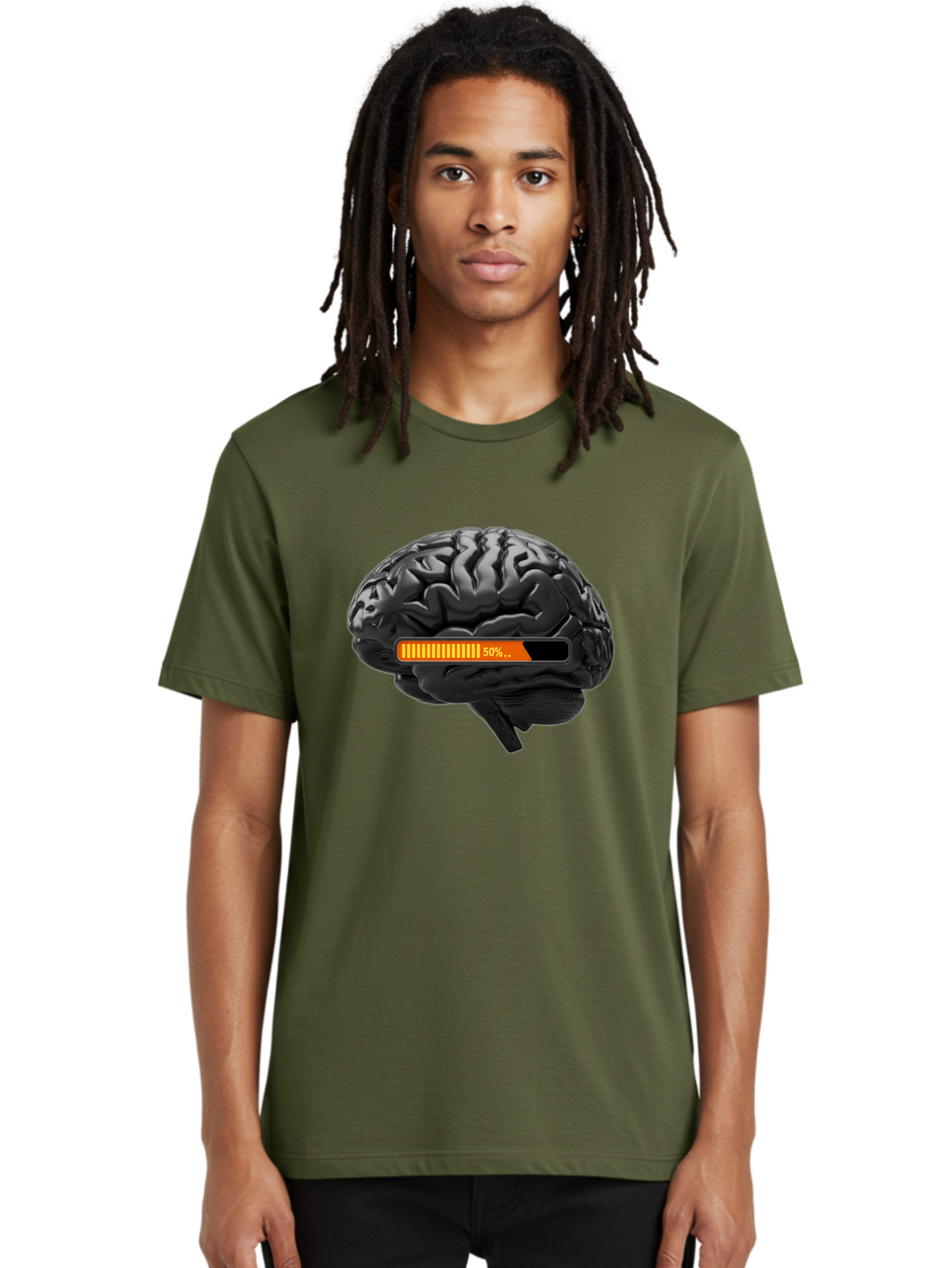 Brain-50 Men'S Graphic Tee, 100% Cotton, Comfortable Casual Summer Wear, Machine Washable, Human Brain, 50% Charged, Battery Icon, Progress Bar, Cognitive Function, Mental Capacity, Intelligence, Knowledge Baa202