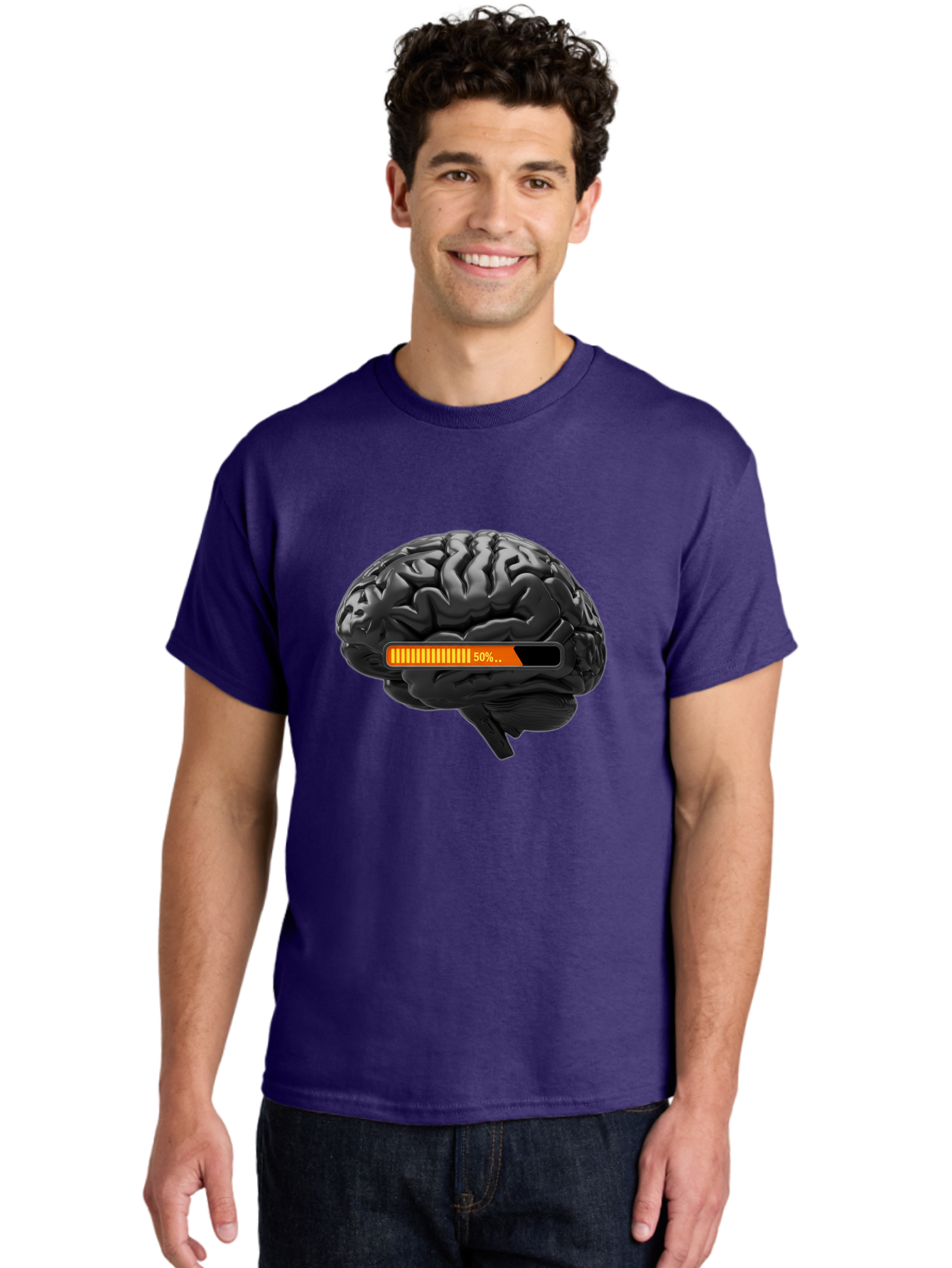Brain-50 Men'S Graphic Tee, 100% Cotton, Comfortable Casual Summer Wear, Machine Washable, Human Brain, 50% Charged, Battery Icon, Progress Bar, Cognitive Function, Mental Capacity, Intelligence, Knowledge Baa202