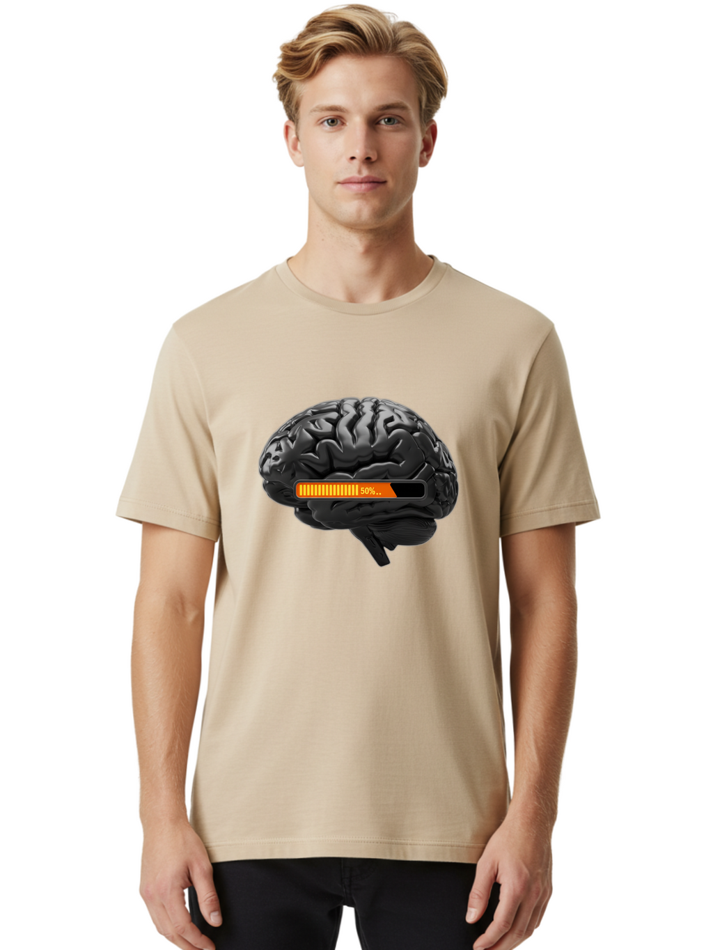 Brain-50 Men'S Graphic Tee, 100% Cotton, Comfortable Casual Summer Wear, Machine Washable, Human Brain, 50% Charged, Battery Icon, Progress Bar, Cognitive Function, Mental Capacity, Intelligence, Knowledge Baa202