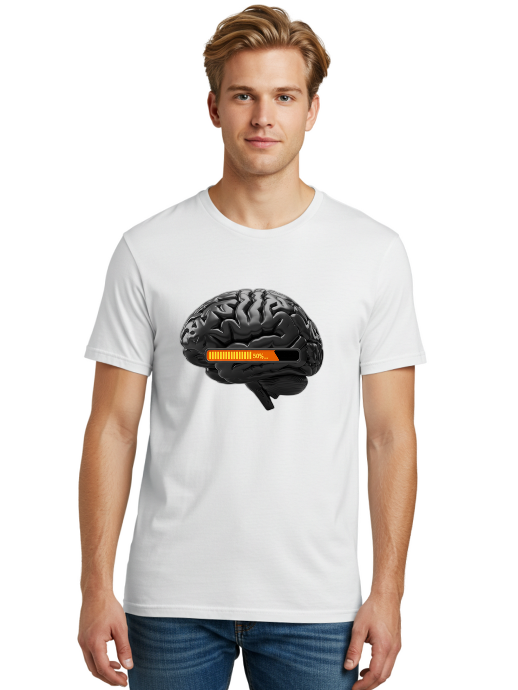 Brain-50 Men'S Graphic Tee, 100% Cotton, Comfortable Casual Summer Wear, Machine Washable, Human Brain, 50% Charged, Battery Icon, Progress Bar, Cognitive Function, Mental Capacity, Intelligence, Knowledge Baa202