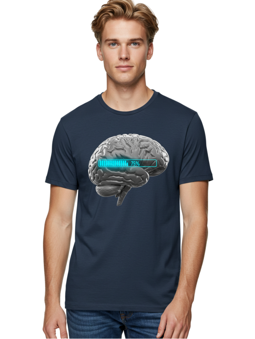 Brain-75 Men'S Graphic Tee, 100% Cotton, Comfortable Casual Summer Wear, Machine Washable, Human Brain, Cognitive Function, Mental Capacity, Brain Activity, Neurological Health, Mental Performance, 75% Battery, Brain Power Baa203
