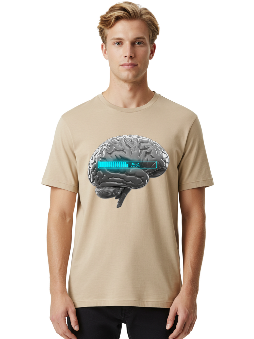 Brain-75 Men'S Graphic Tee, 100% Cotton, Comfortable Casual Summer Wear, Machine Washable, Human Brain, Cognitive Function, Mental Capacity, Brain Activity, Neurological Health, Mental Performance, 75% Battery, Brain Power Baa203