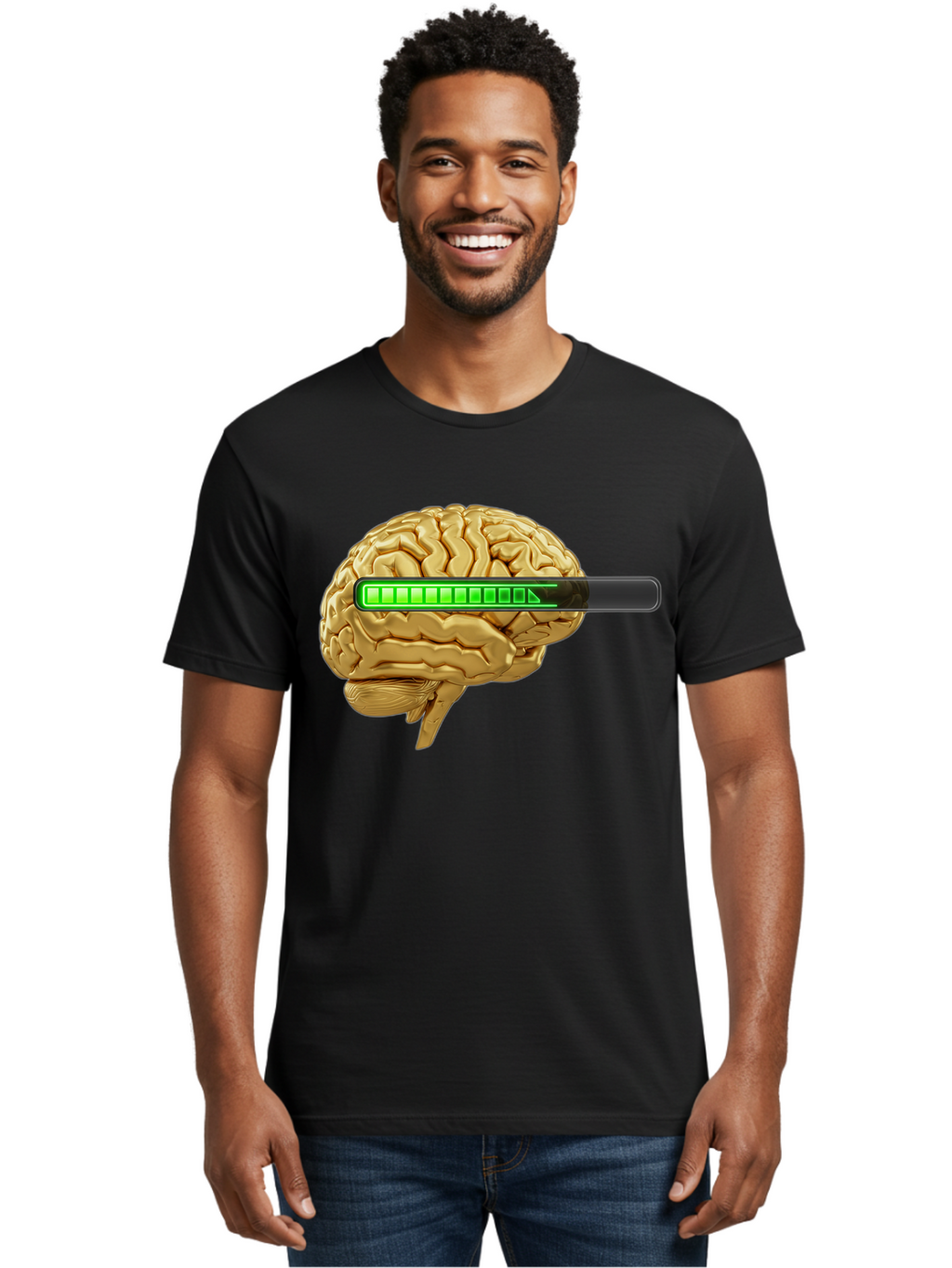 Brain-Battery Men'S Graphic Tee, 100% Cotton, Comfortable Casual Summer Wear, Machine Washable, Human Brain, Charging Battery, Digital Illustration, Green Battery Bar, Cognitive Enhancement, Brain Power, Neuroscience, Futuristic Concept, Baa204