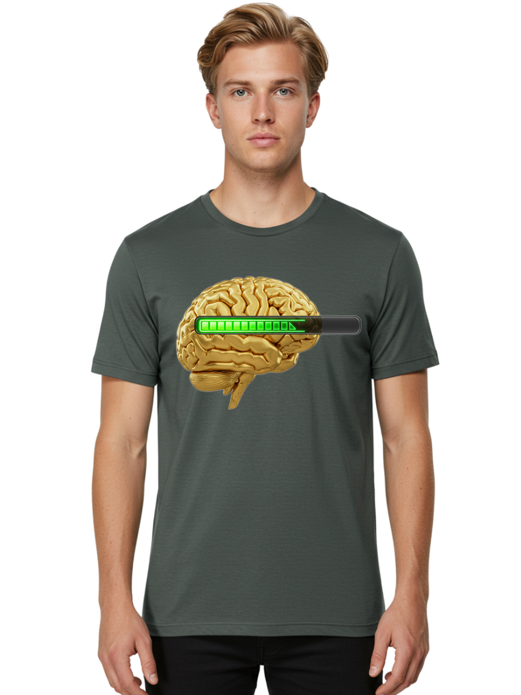 Brain-Battery Men'S Graphic Tee, 100% Cotton, Comfortable Casual Summer Wear, Machine Washable, Human Brain, Charging Battery, Digital Illustration, Green Battery Bar, Cognitive Enhancement, Brain Power, Neuroscience, Futuristic Concept, Baa204