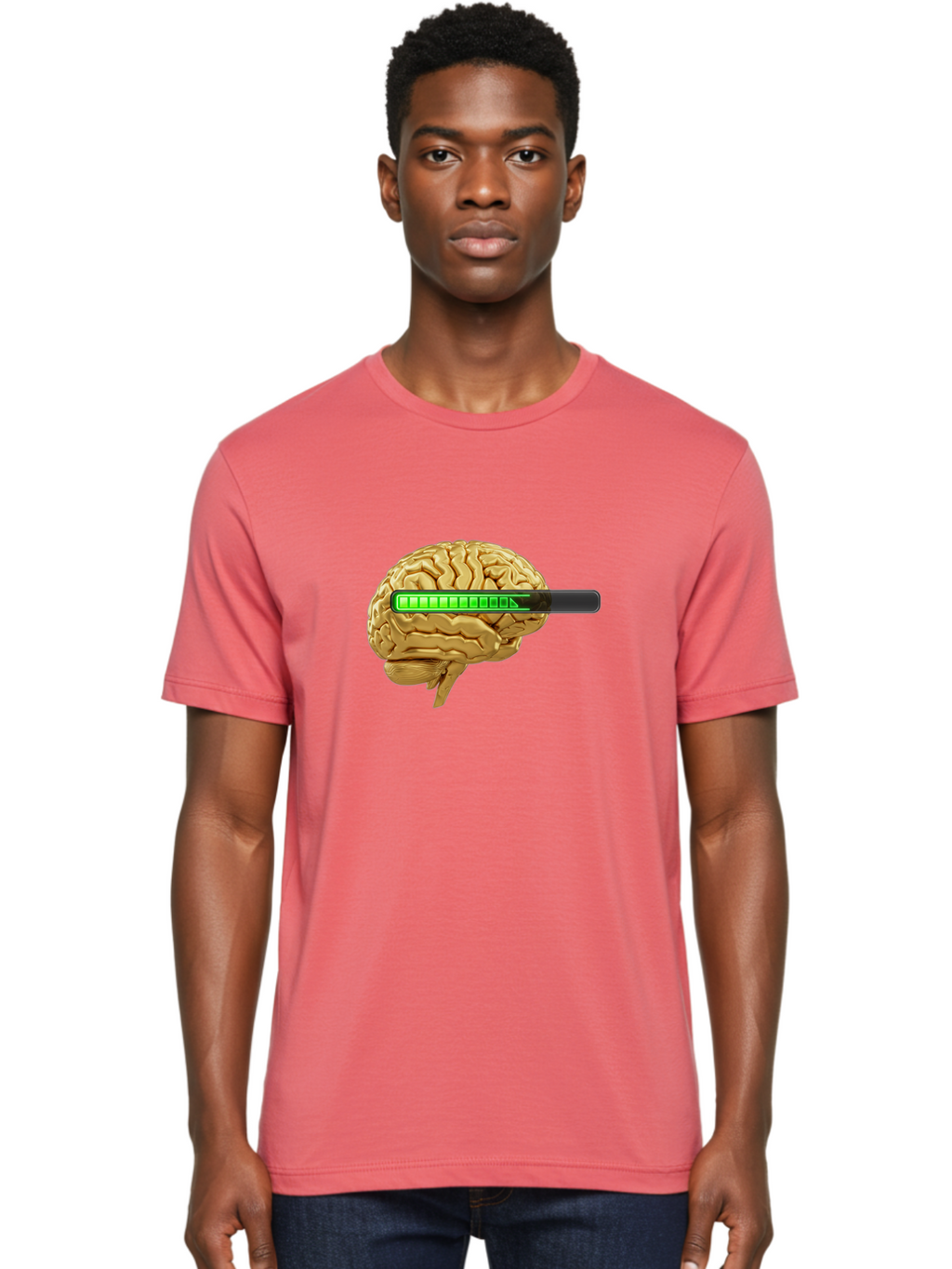 Brain-Battery Men'S Graphic Tee, 100% Cotton, Comfortable Casual Summer Wear, Machine Washable, Human Brain, Charging Battery, Digital Illustration, Green Battery Bar, Cognitive Enhancement, Brain Power, Neuroscience, Futuristic Concept, Baa204
