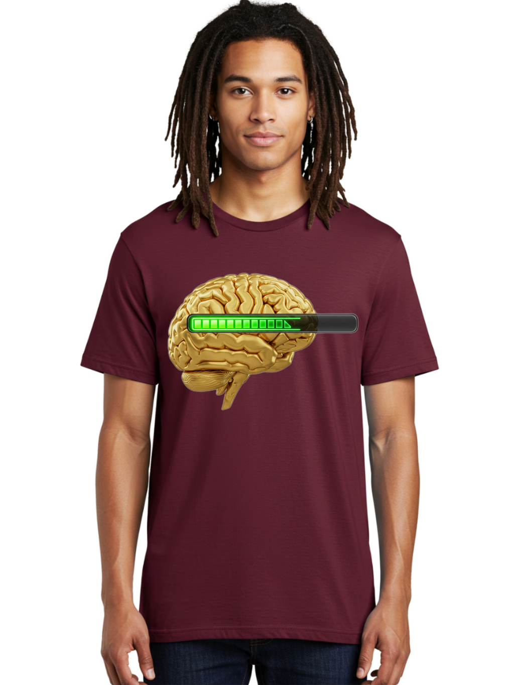 Brain-Battery Men'S Graphic Tee, 100% Cotton, Comfortable Casual Summer Wear, Machine Washable, Human Brain, Charging Battery, Digital Illustration, Green Battery Bar, Cognitive Enhancement, Brain Power, Neuroscience, Futuristic Concept, Baa204